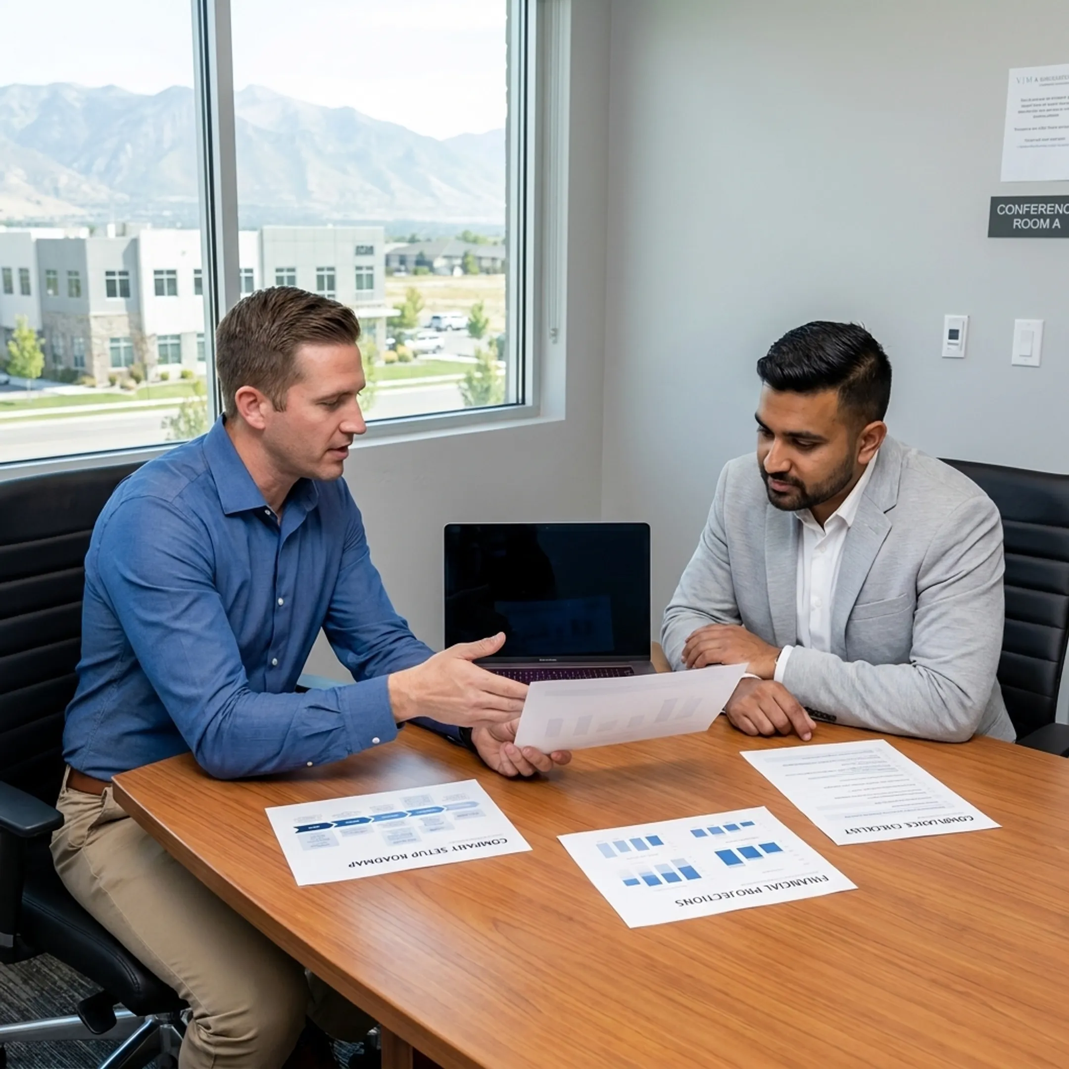 Business advisor explaining a Utah company setup plan to an entrepreneur