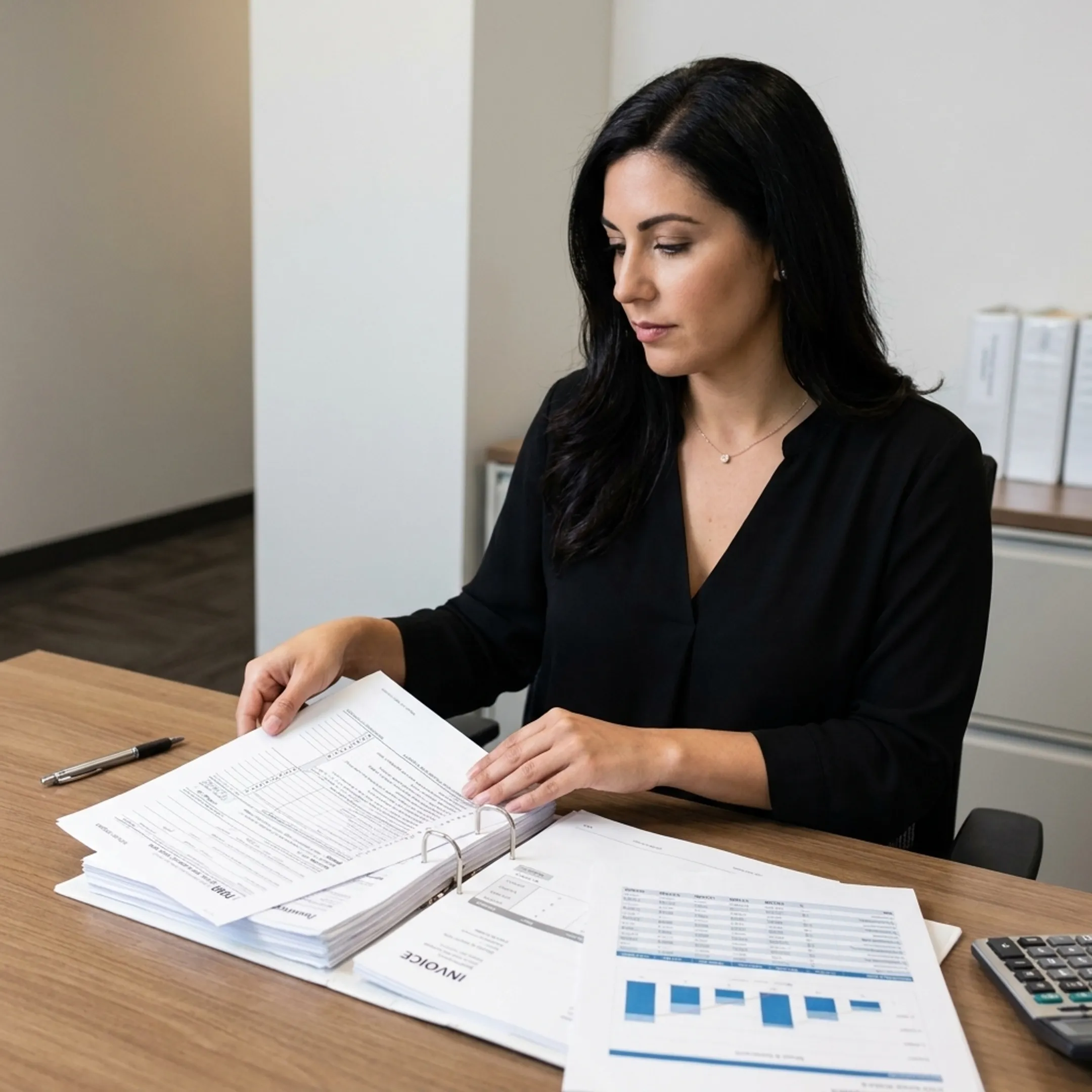 Accountant reviewing trucking business tax documents and financial records at a desk