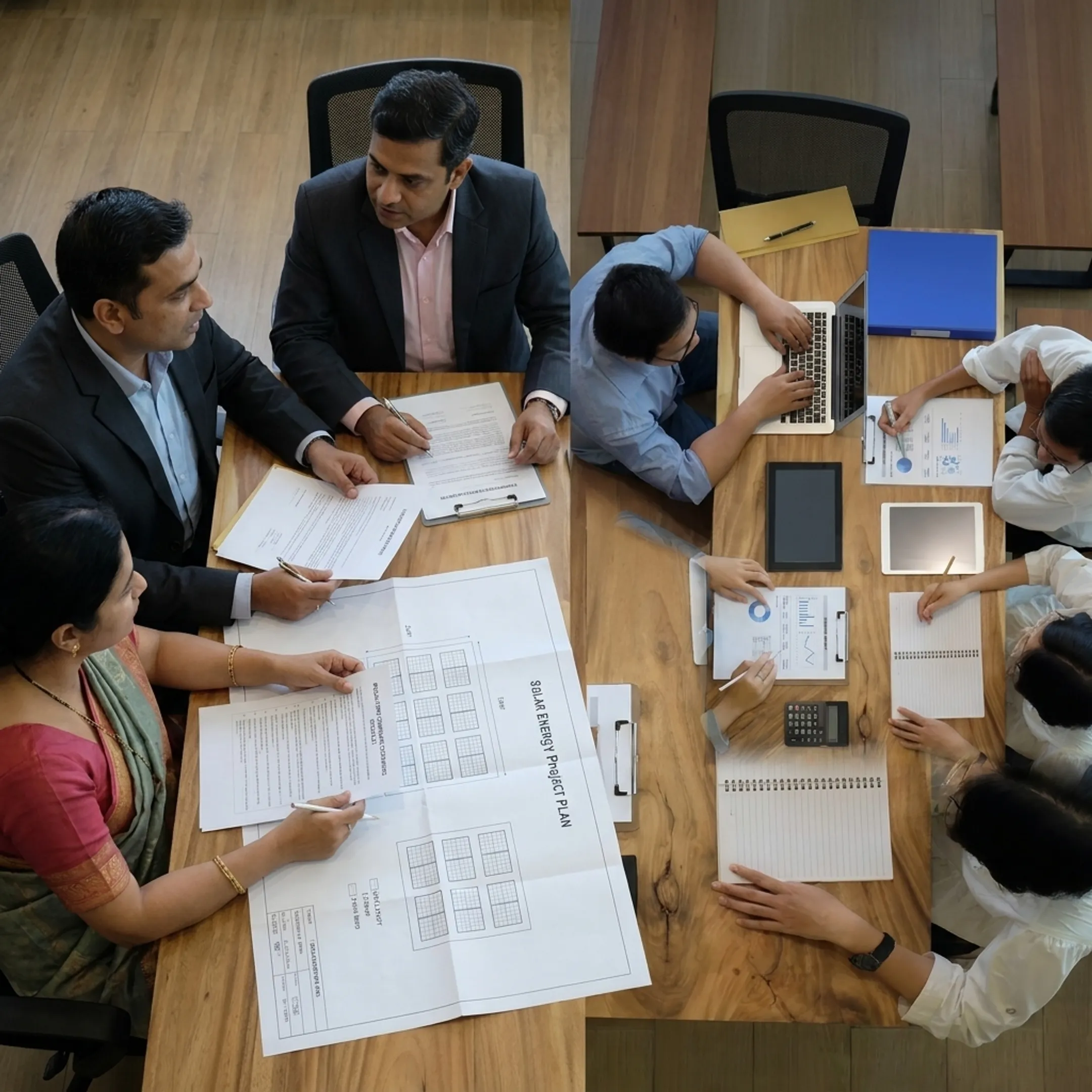 Advisors discussing solar company registration documents in India