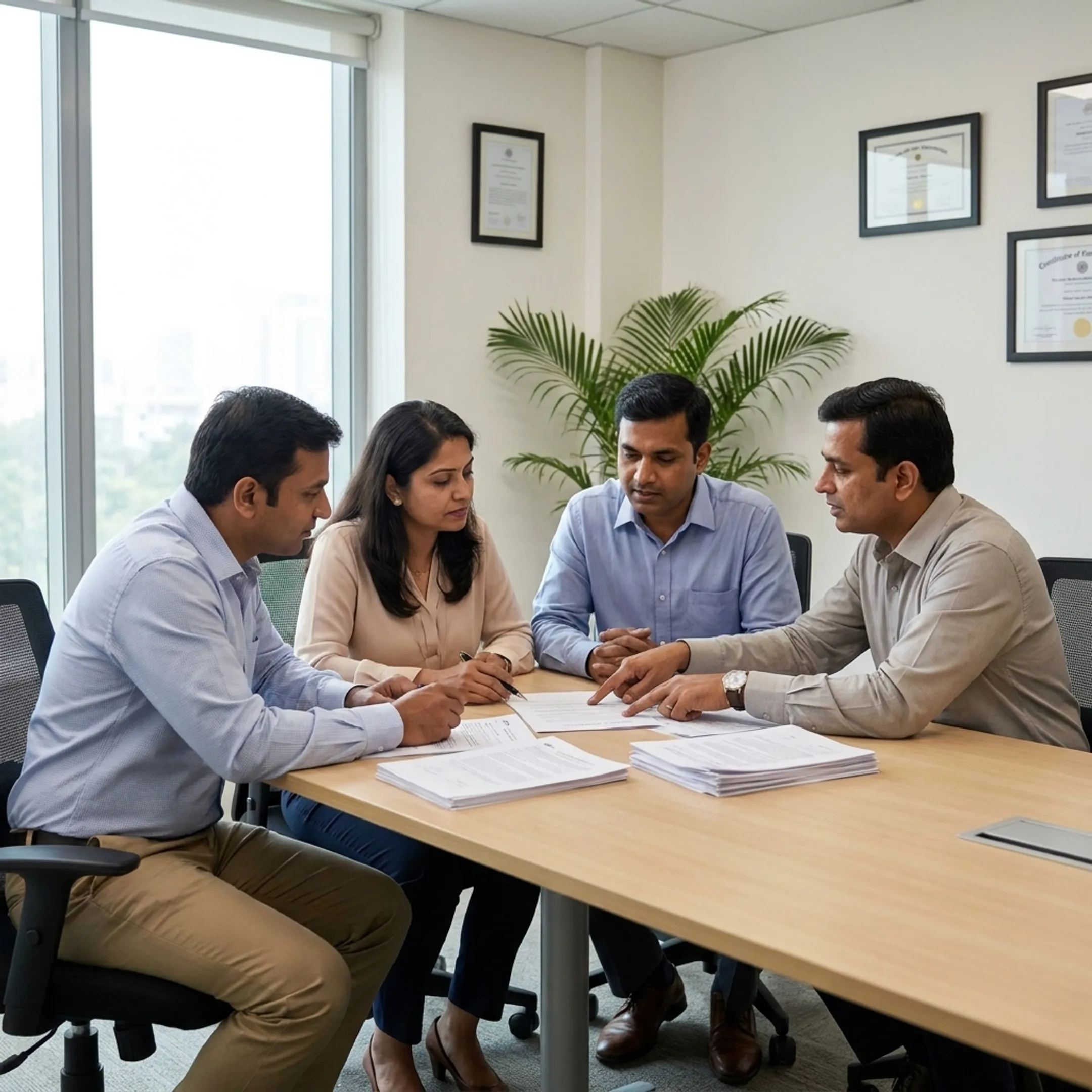 Solar business founders reviewing incorporation plans with an advisor