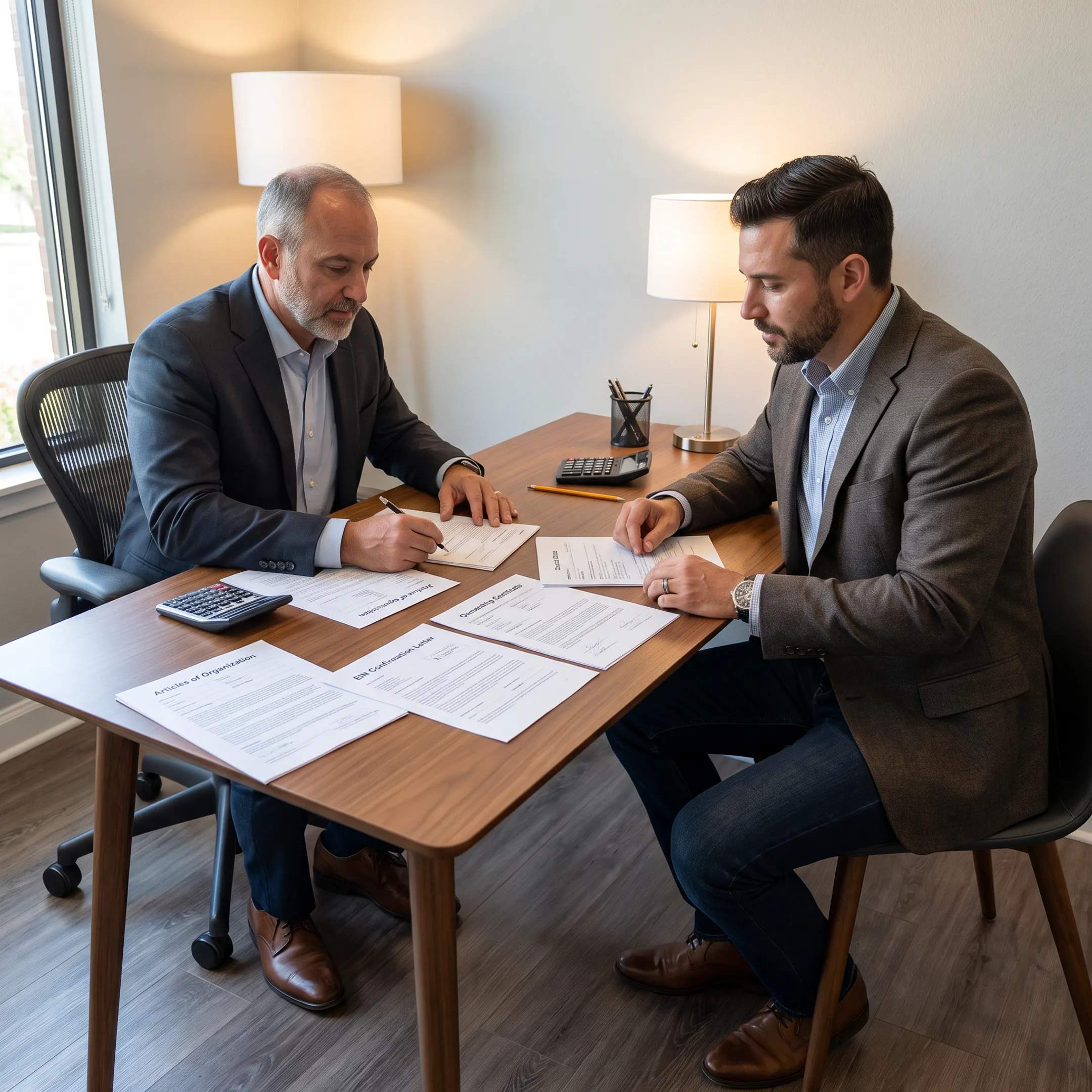 Advisor helping entrepreneur prepare business checking account application
