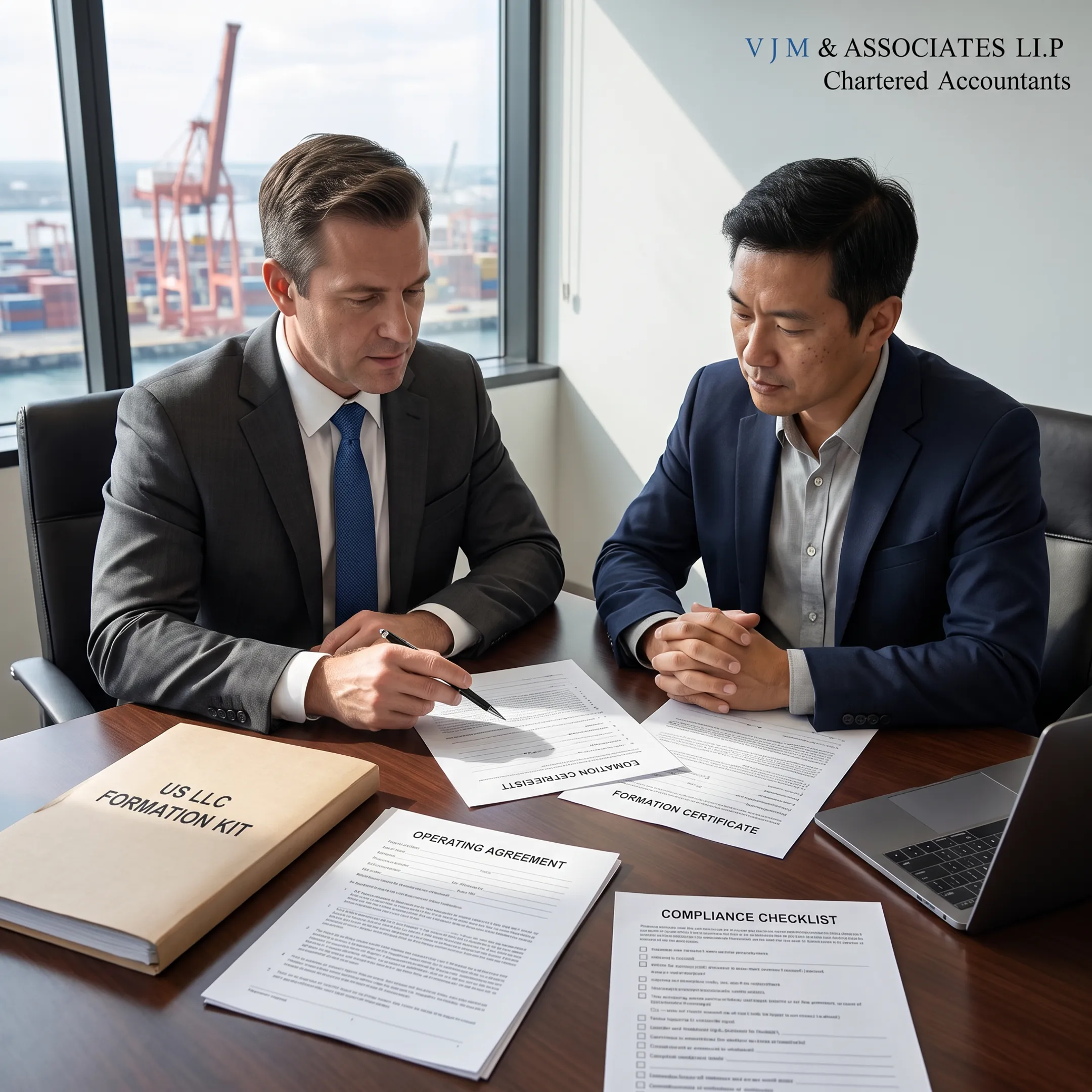 Business adviser reviewing an LLC formation kit with a client