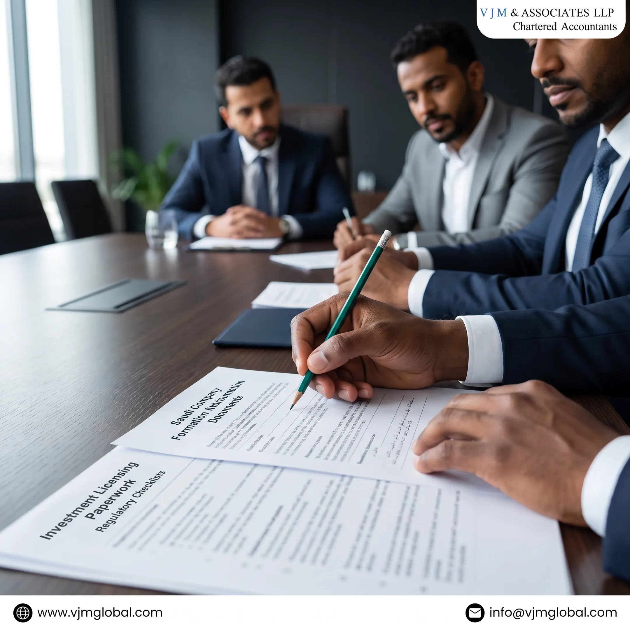 Business advisers reviewing Saudi company registration documents with an international client