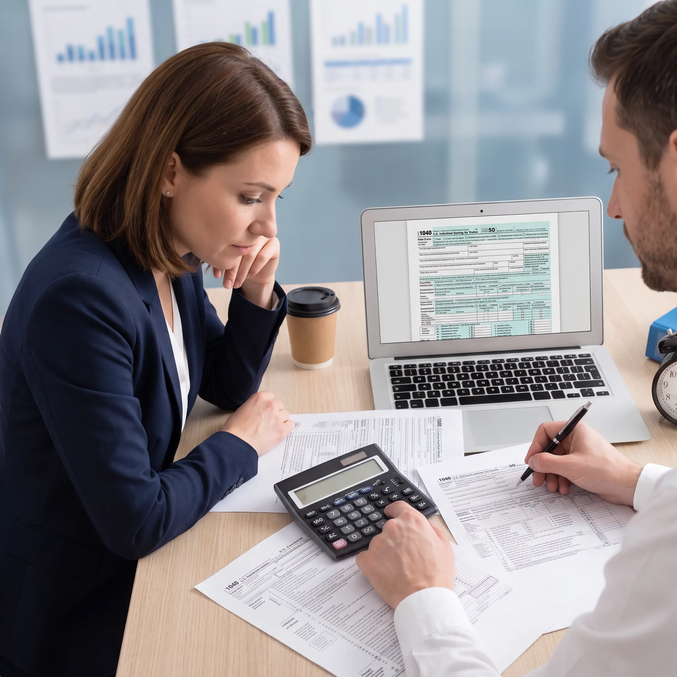 Tax consultant reviewing business incentive documents with a company owner in a professional office