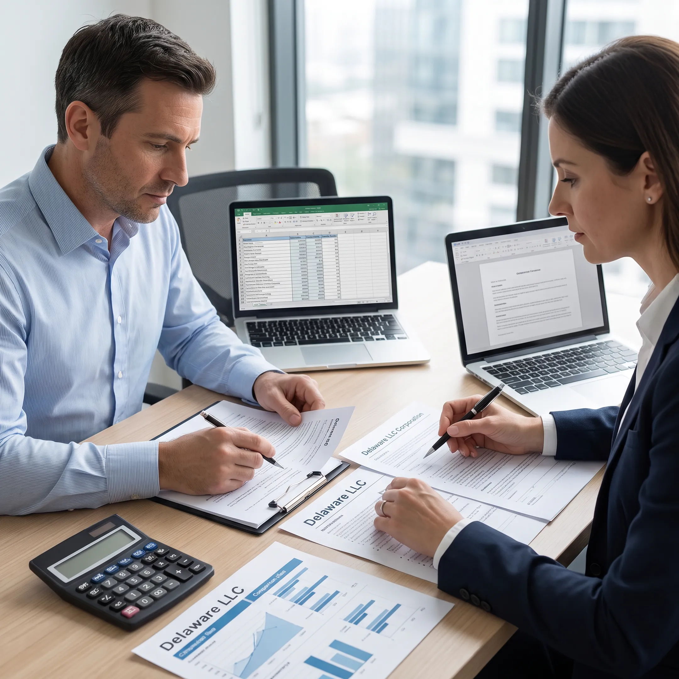 Business advisors comparing Delaware LLC and corporation documents