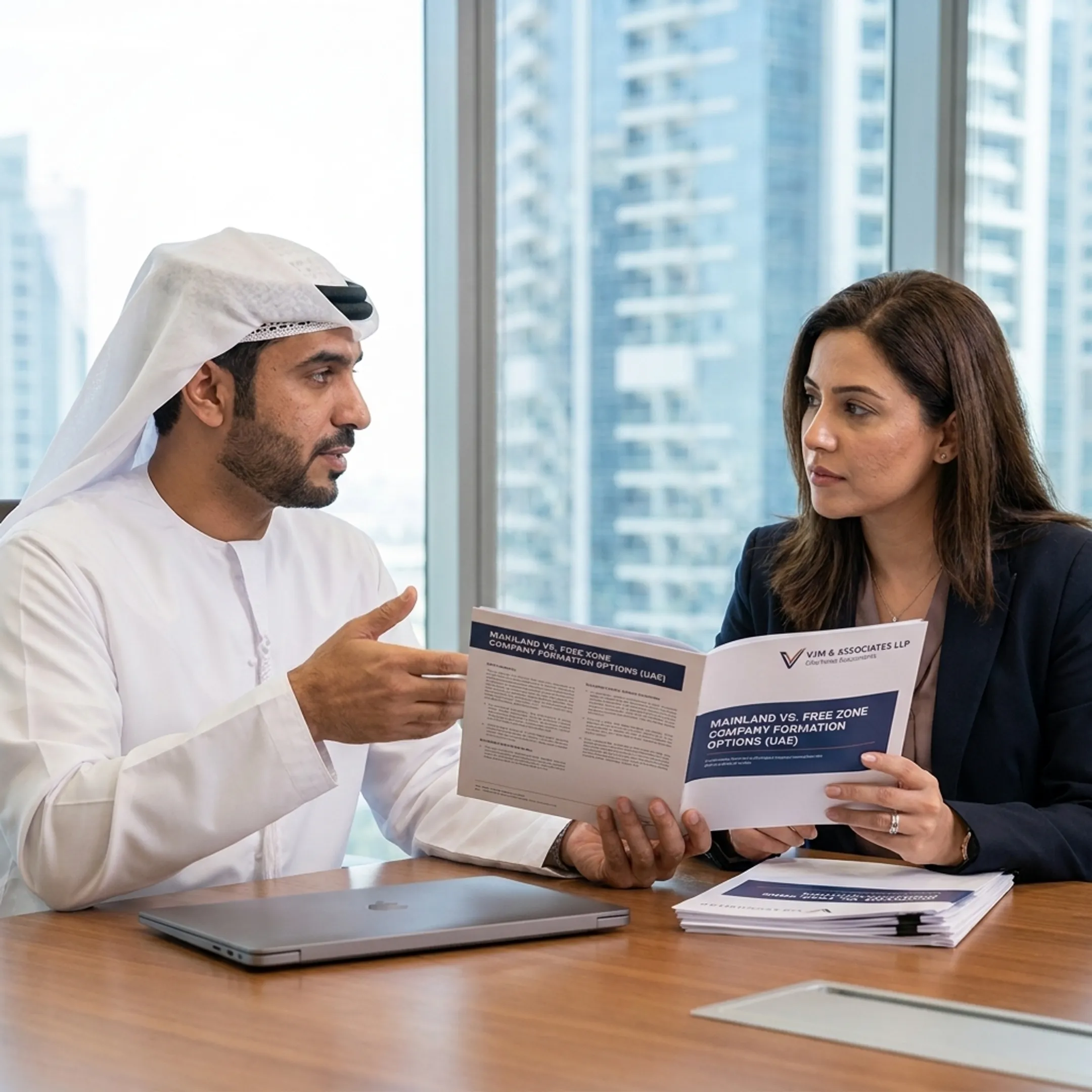 Advisor explaining UAE business formation options to a company founder