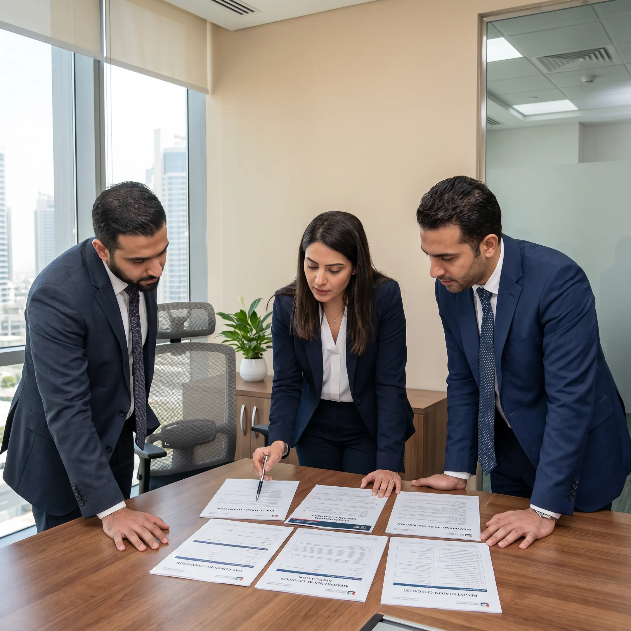 Business advisors reviewing UAE company registration documents with an entrepreneur