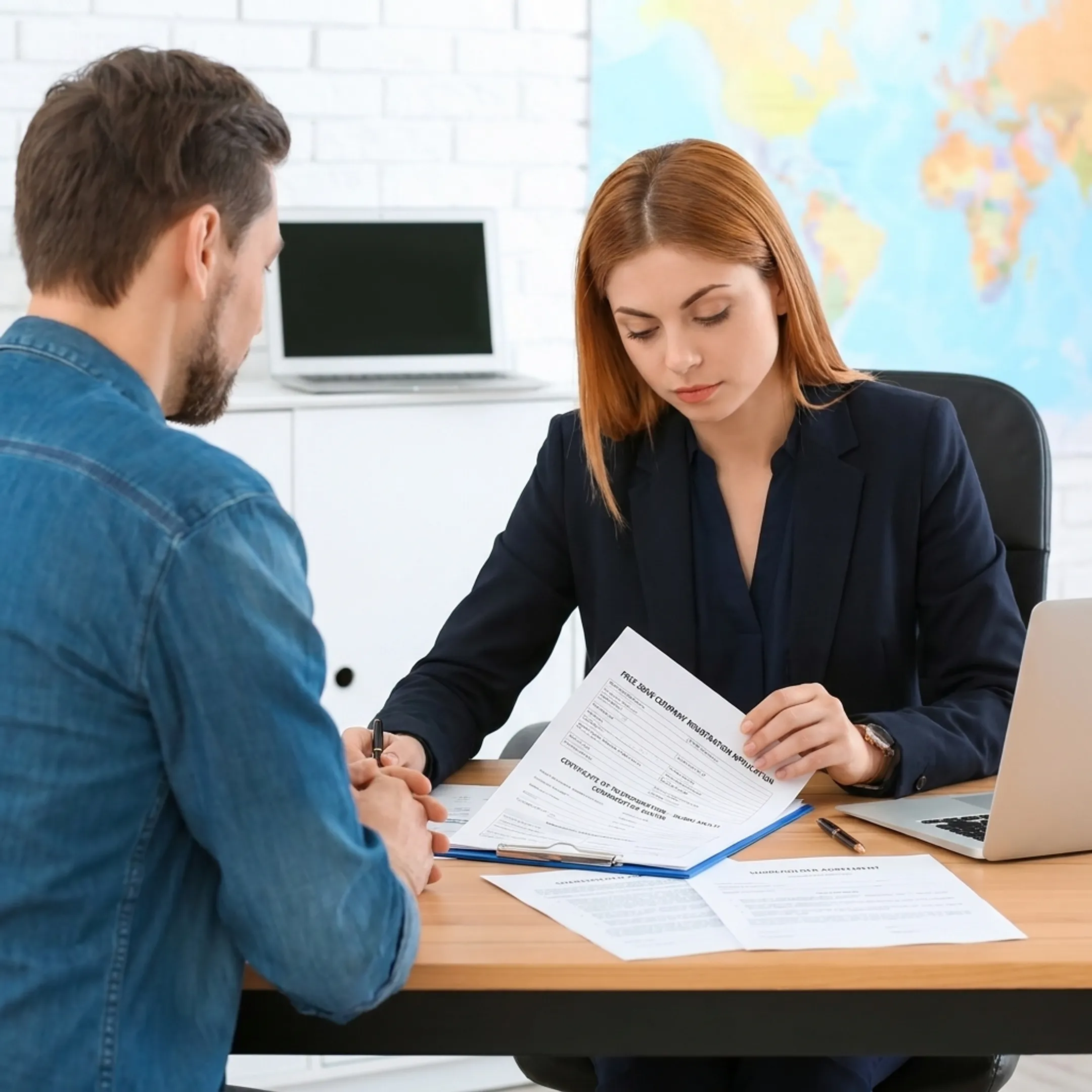Foreign entrepreneur reviewing Ajman Free Zone company registration documents with an advisor