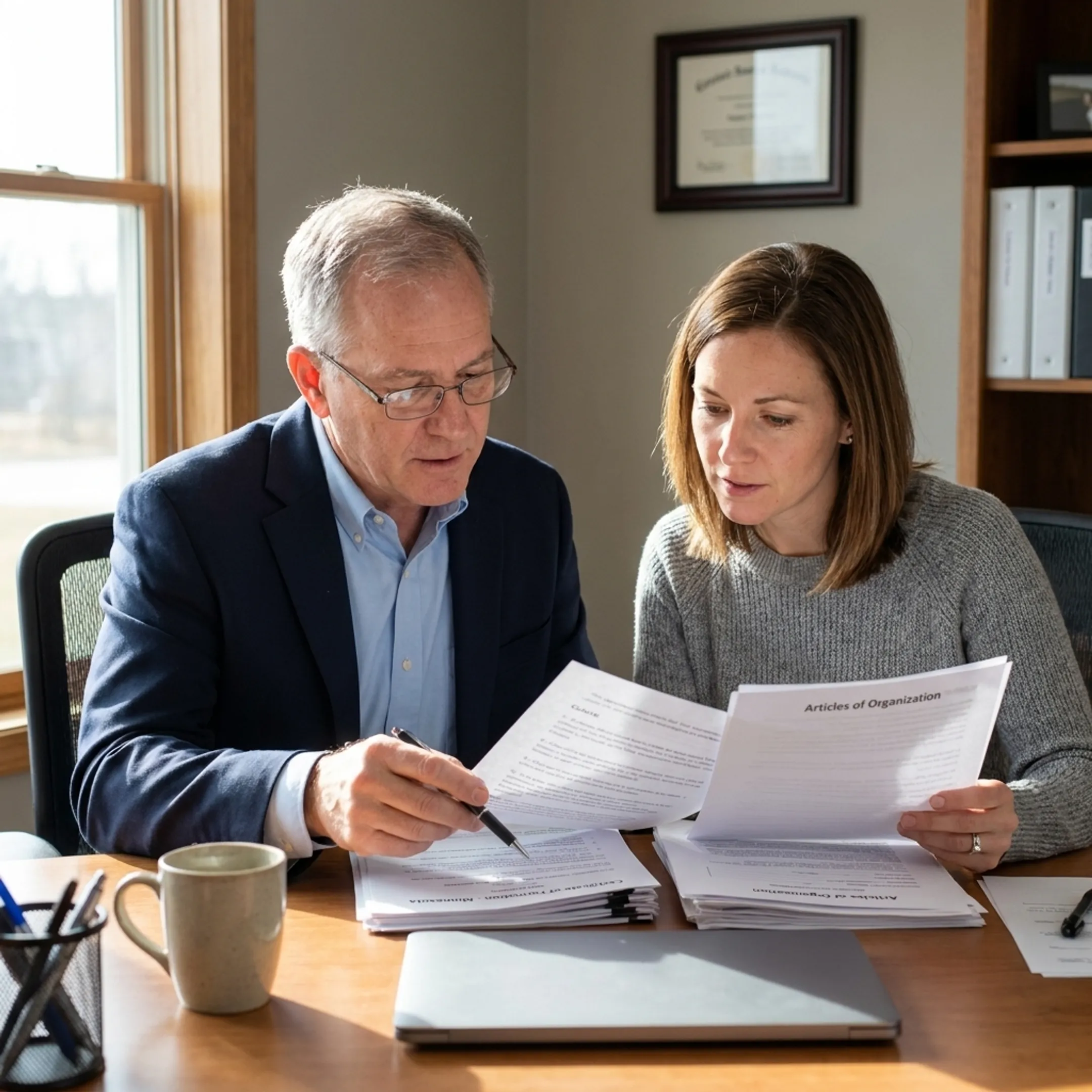 Business advisor discussing Minnesota entity formation documents with an entrepreneur