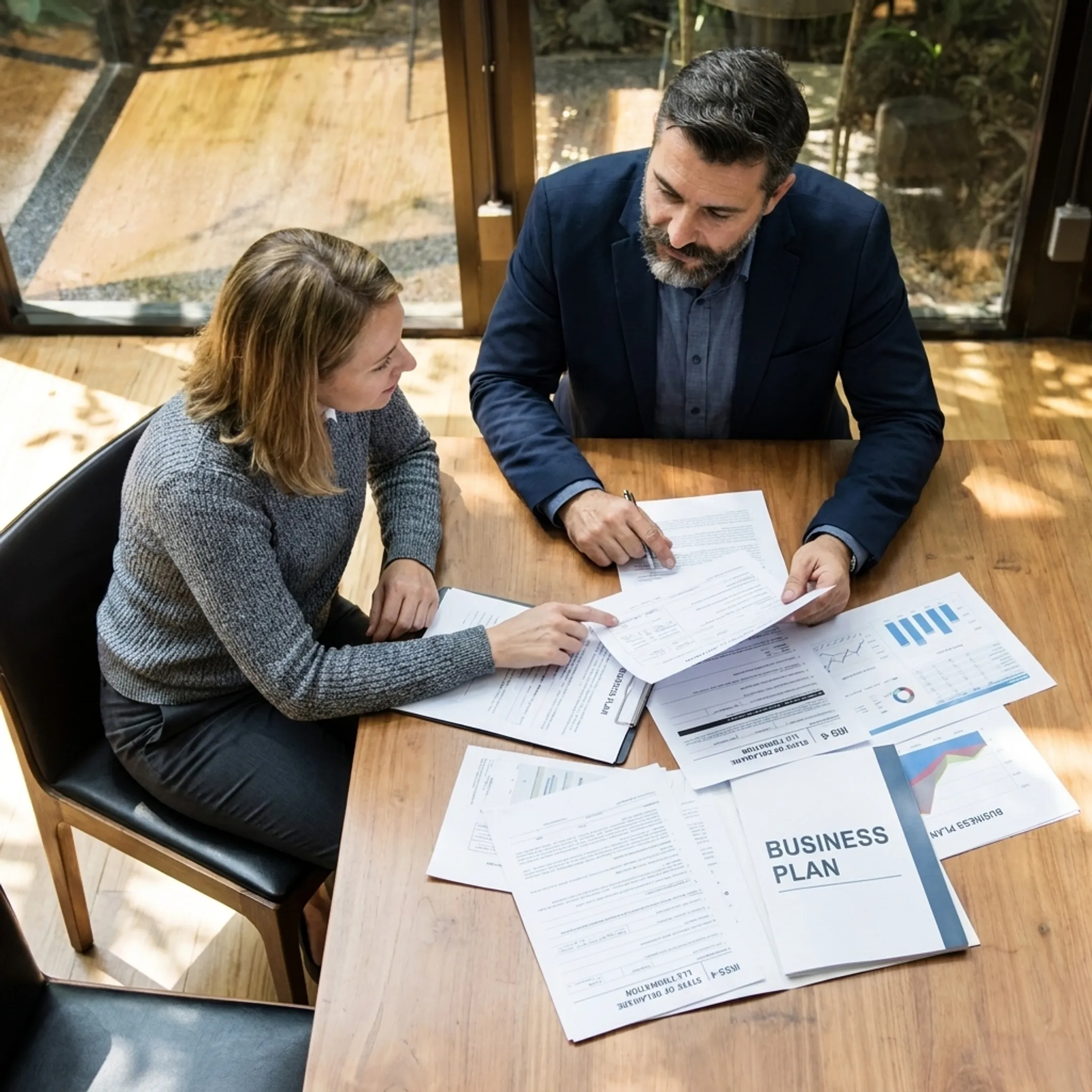 Business advisor reviewing LLC formation documents with an entrepreneur in a modern office
