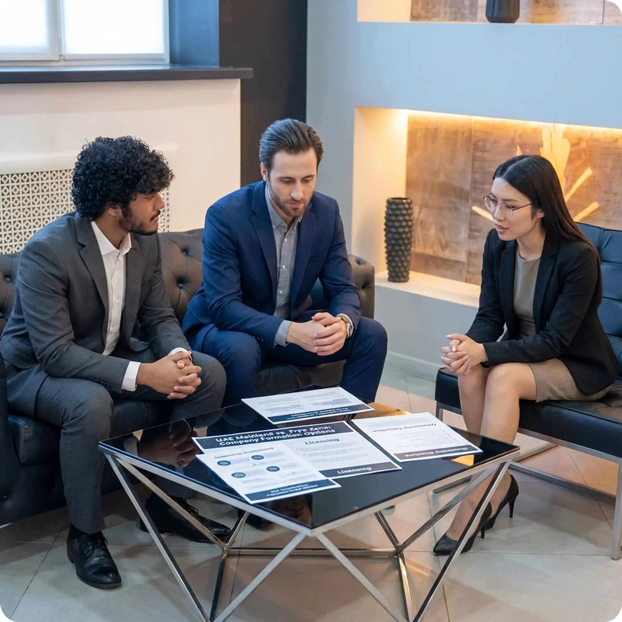 Advisor explaining UAE business formation options to an entrepreneur