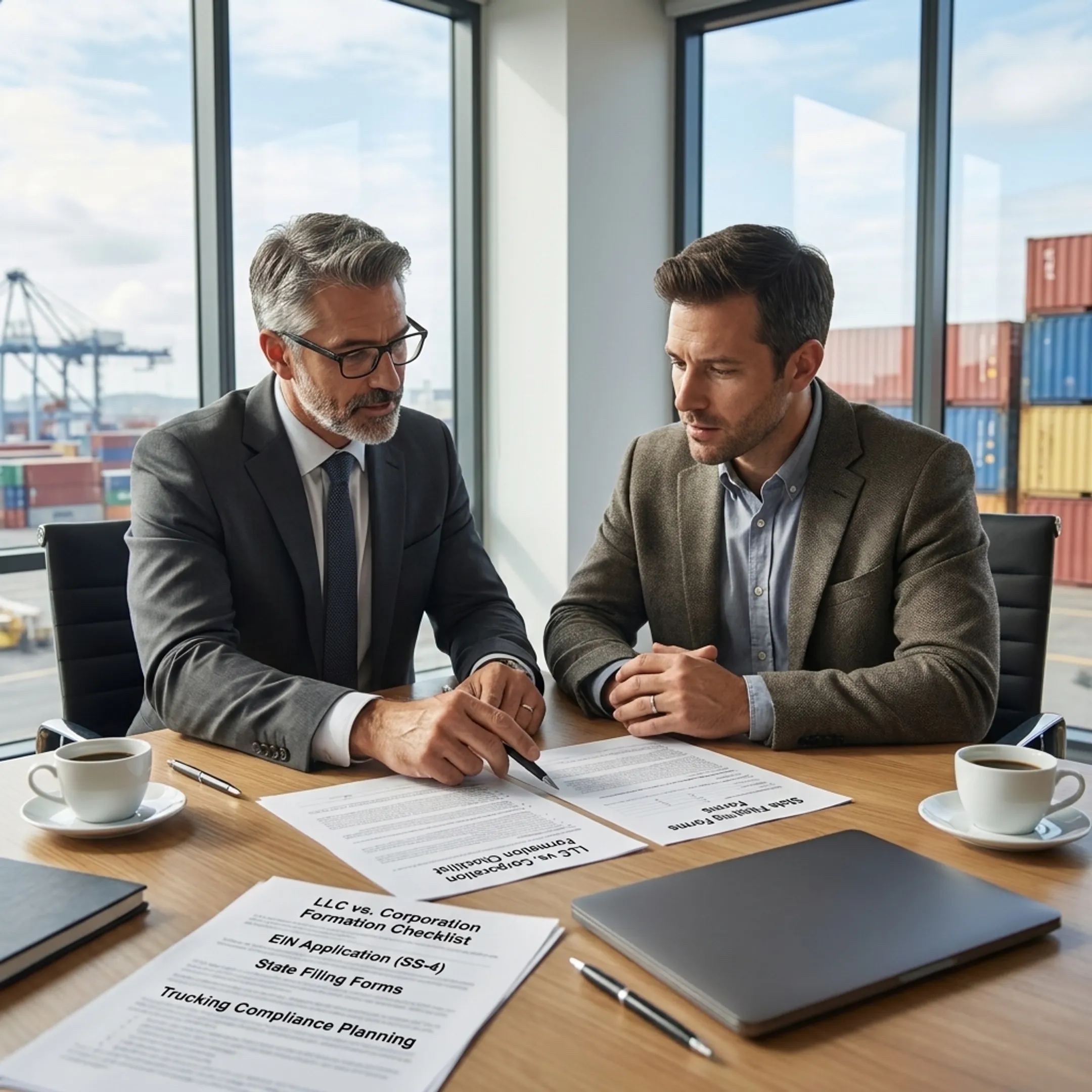 Advisor explaining USA trucking business formation options to a client