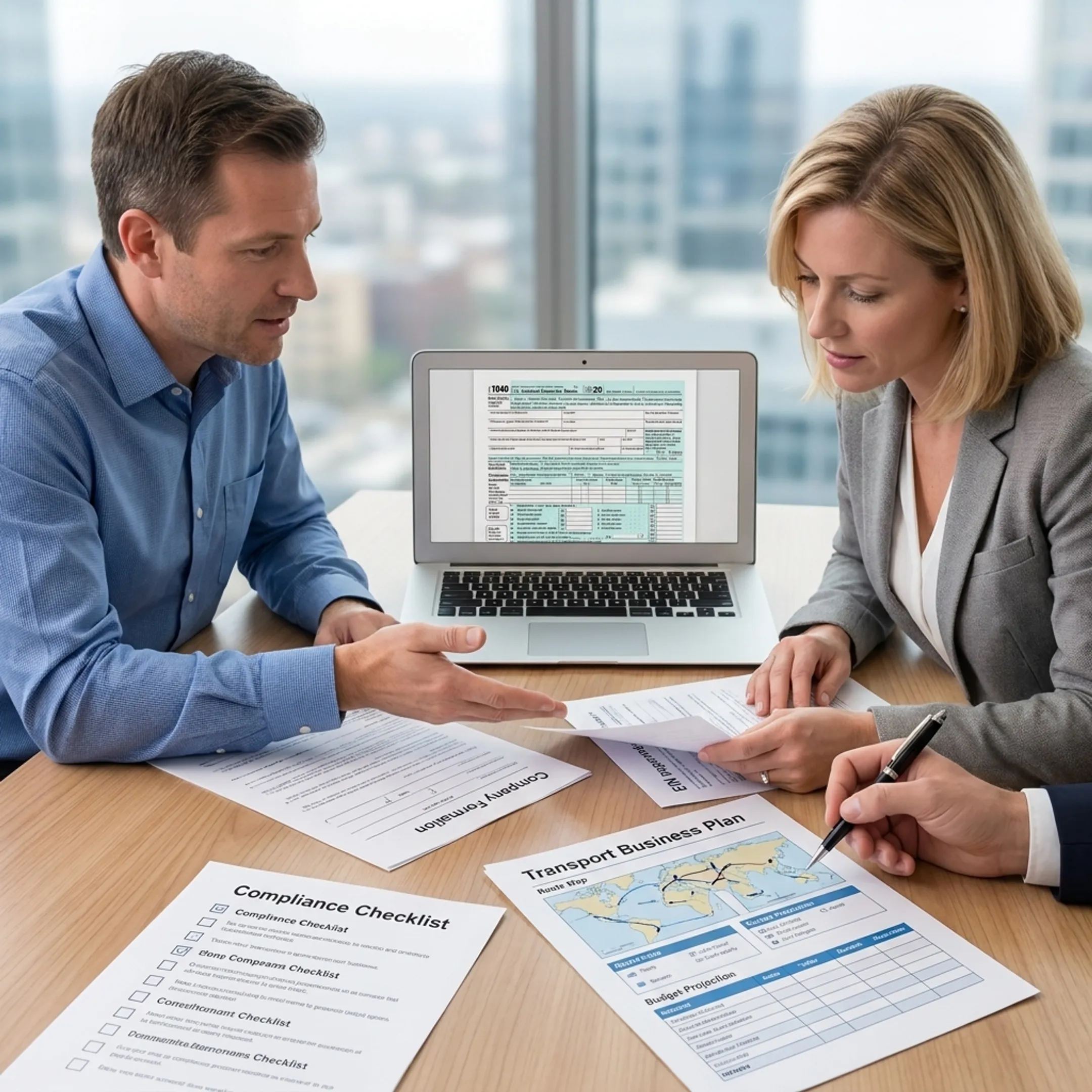 Business advisor reviewing trucking company registration documents with entrepreneur