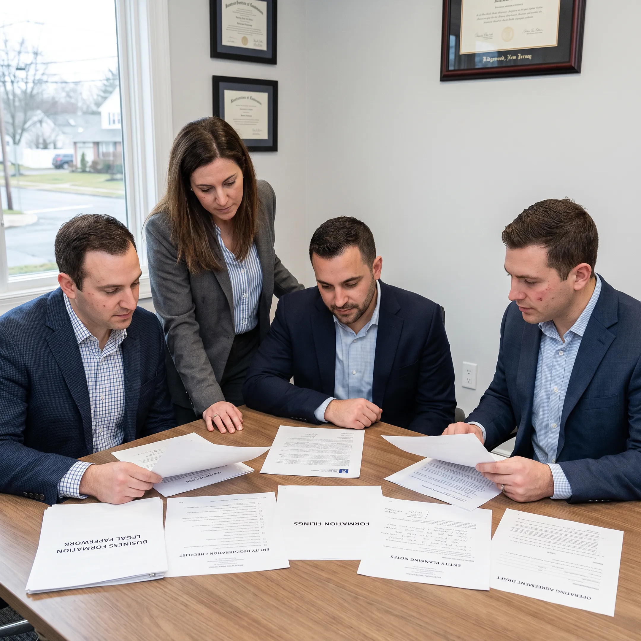 Business advisors reviewing formation documents with an entrepreneur in a professional office