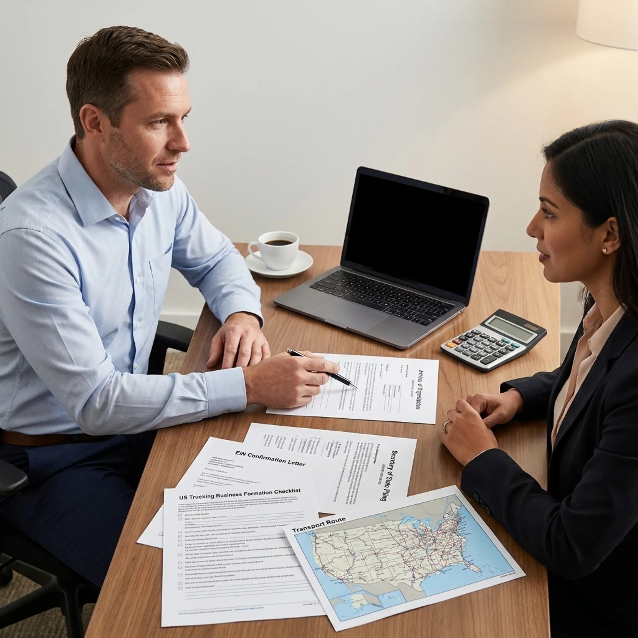 Consultant explaining US trucking company formation requirements