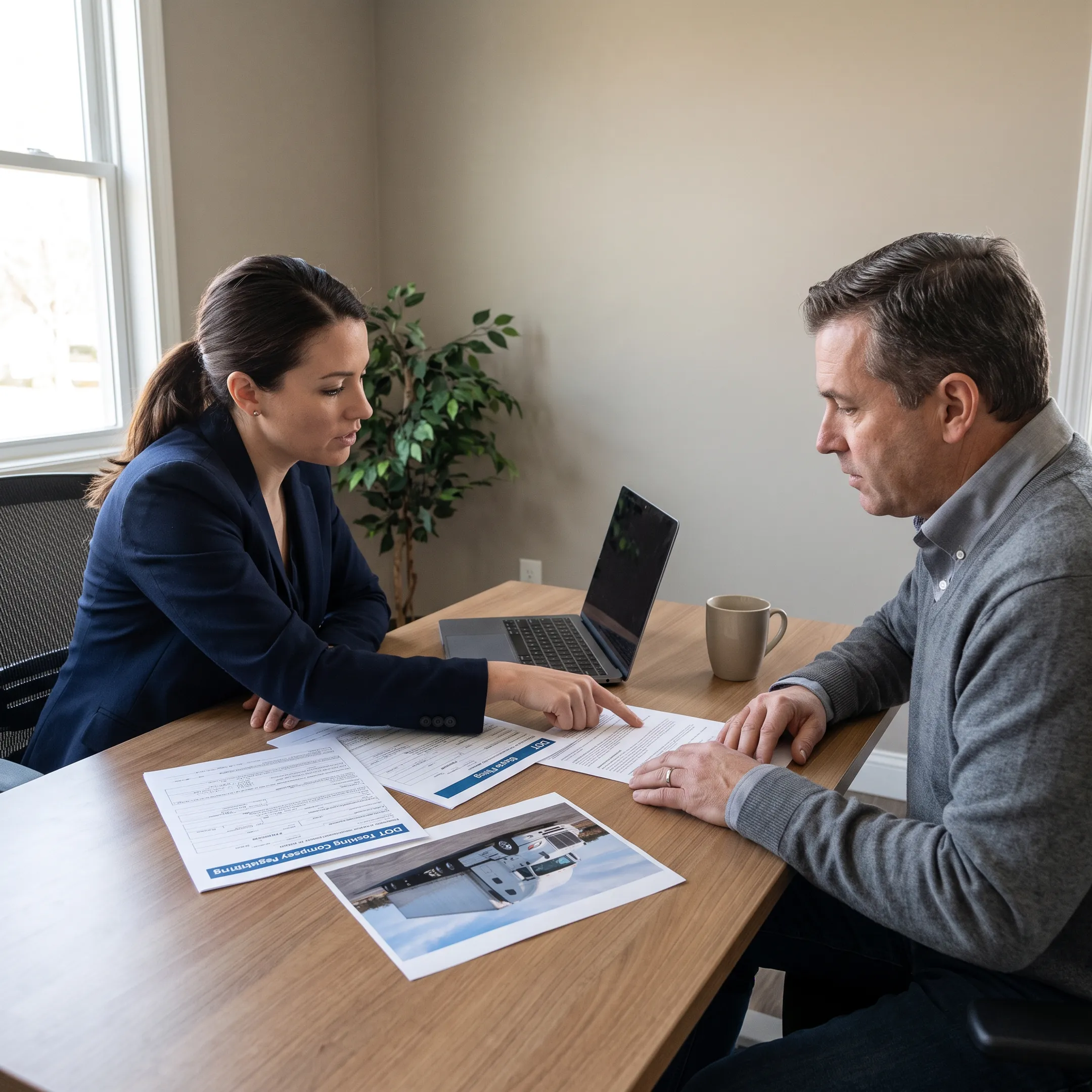 Business advisor helping entrepreneur register a trucking company in the USA