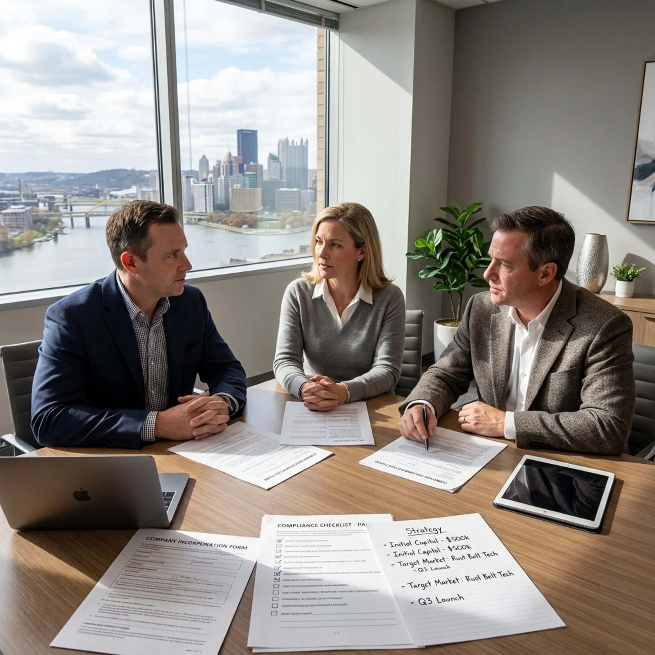 Business consultants reviewing formation documents in a Pittsburgh office