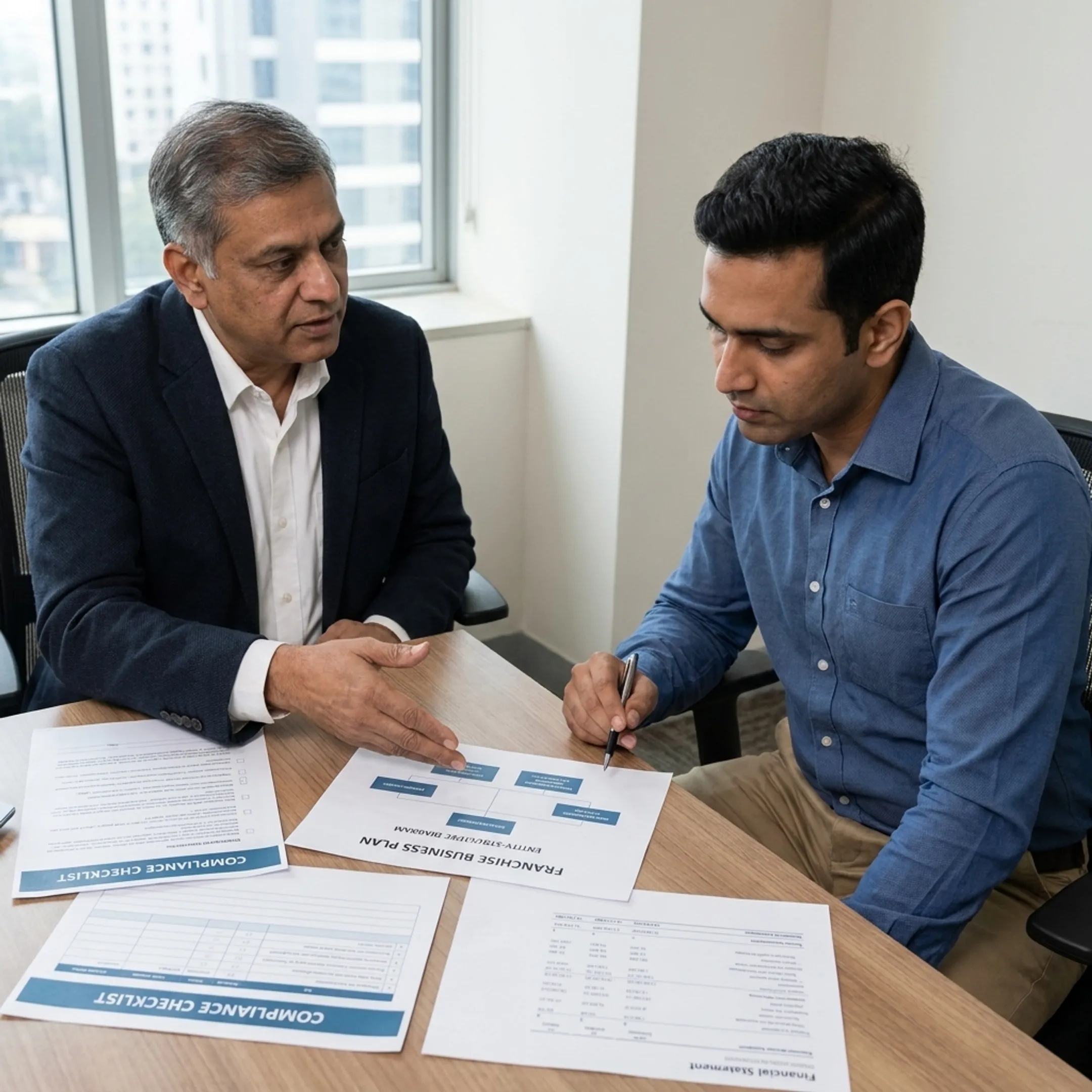 Adviser explaining a franchise business plan to an entrepreneur