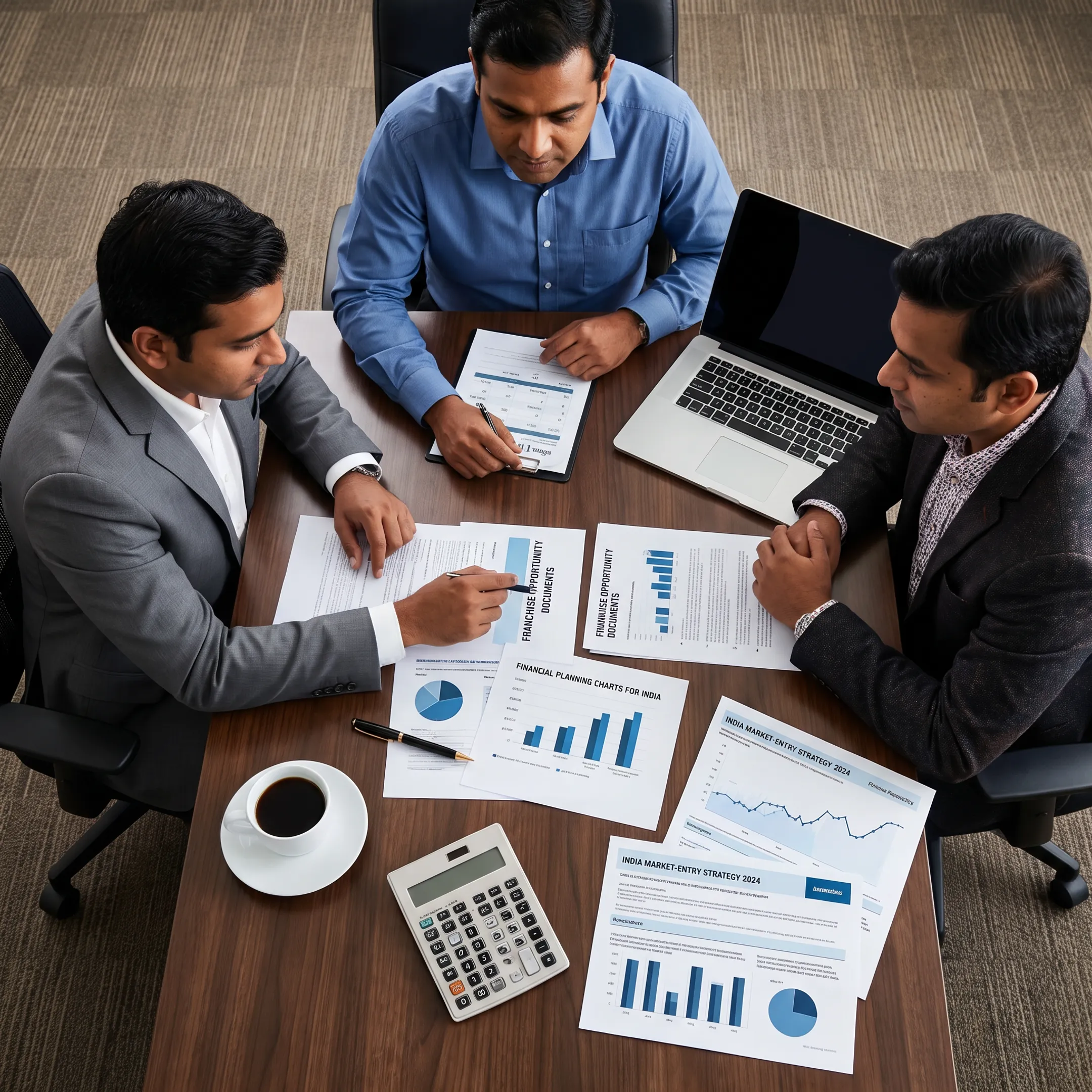 Business advisers reviewing an India franchise plan with an entrepreneur