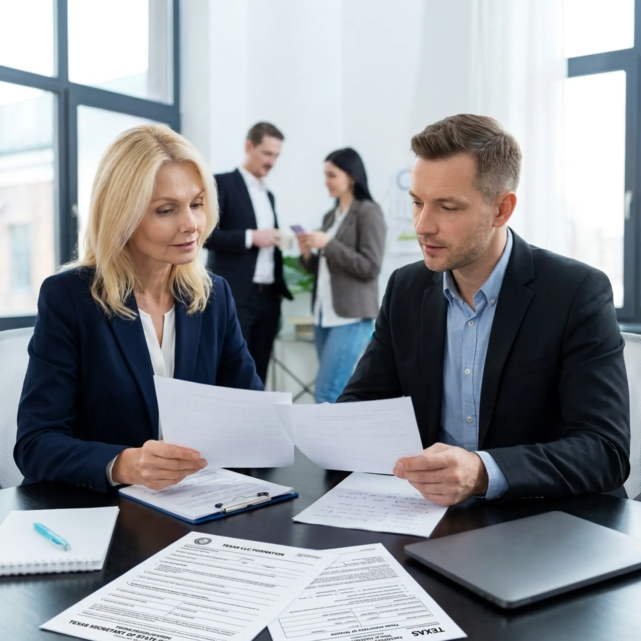 Advisor discussing Texas LLC formation documents with business owner at a desk