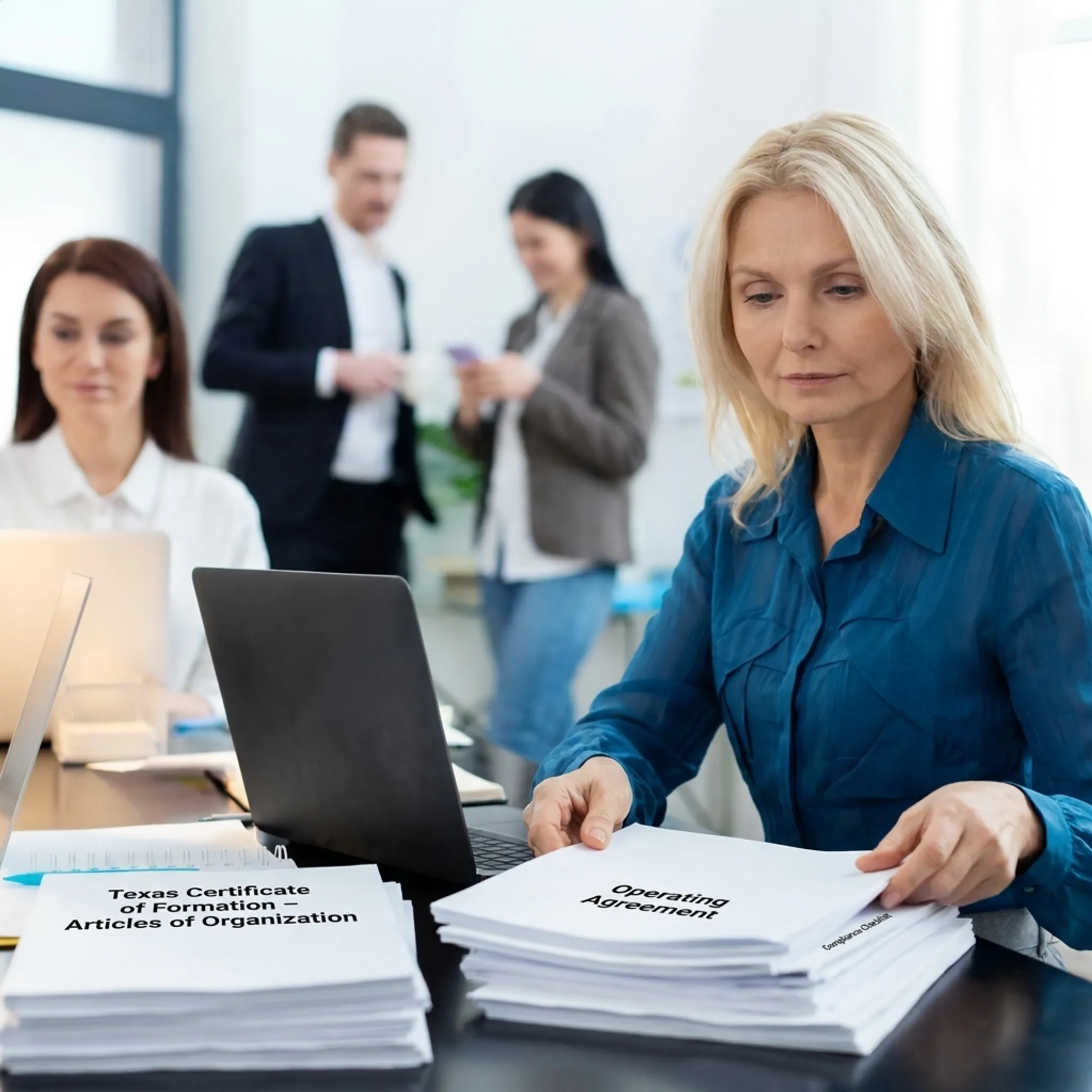 Professional reviewing Texas LLC formation paperwork and business registration documents