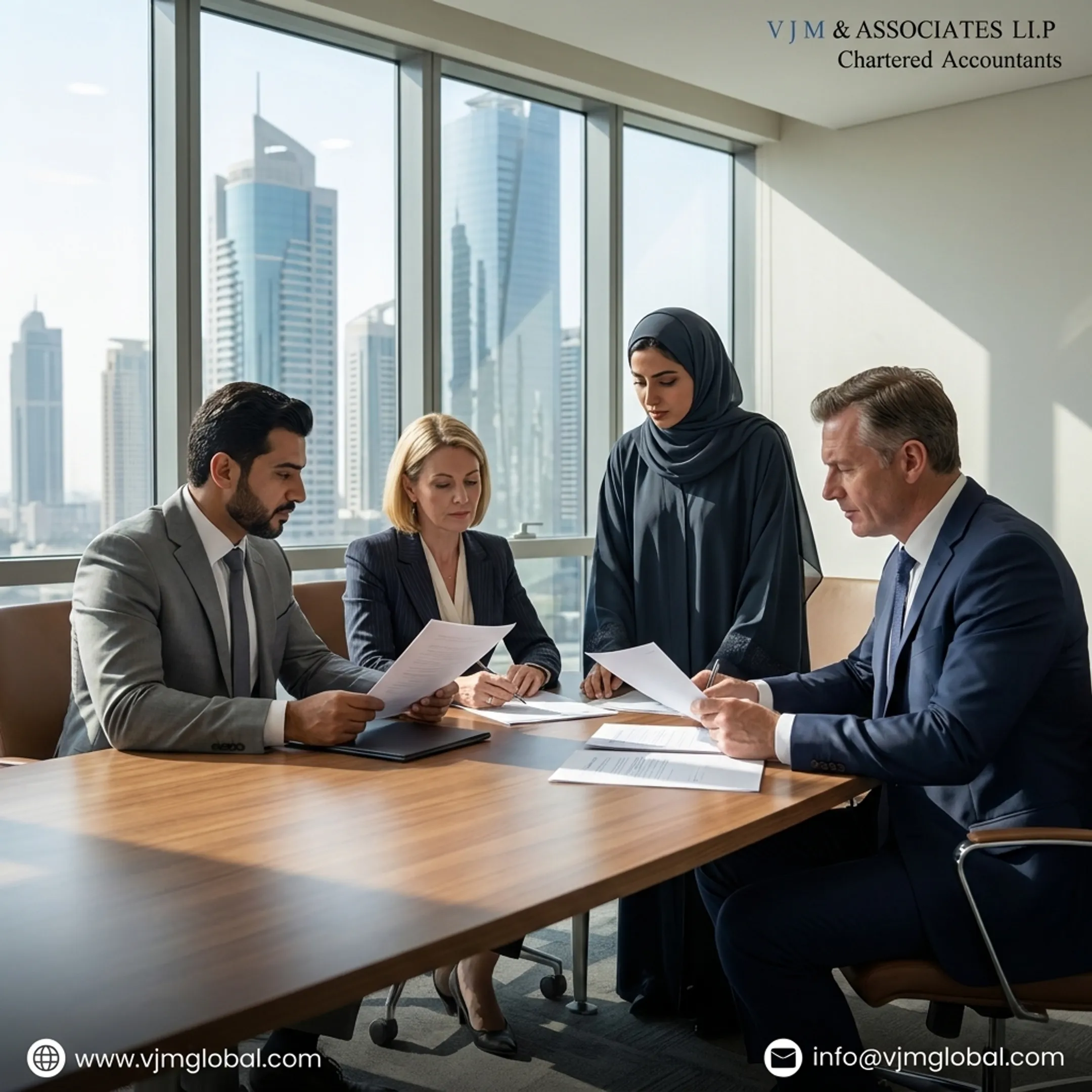 Consultants discussing Sharjah business formation documents with UK company representatives