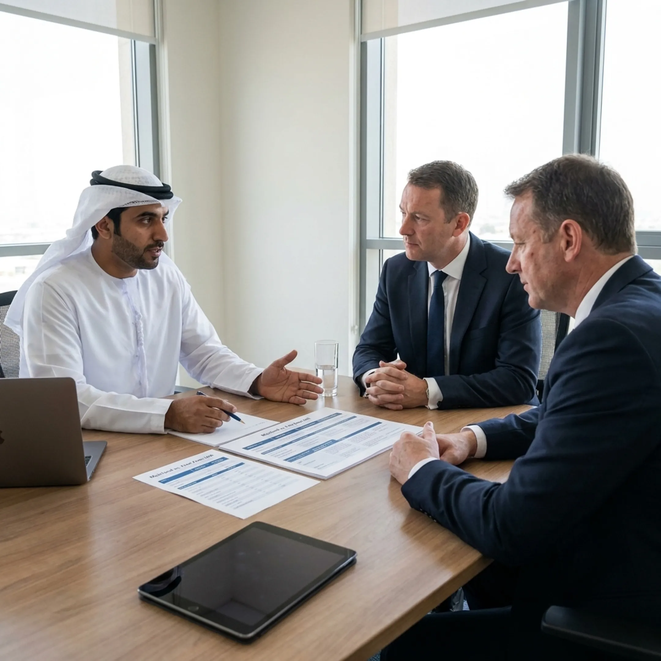 Advisor explaining UAE business setup options to UK company directors