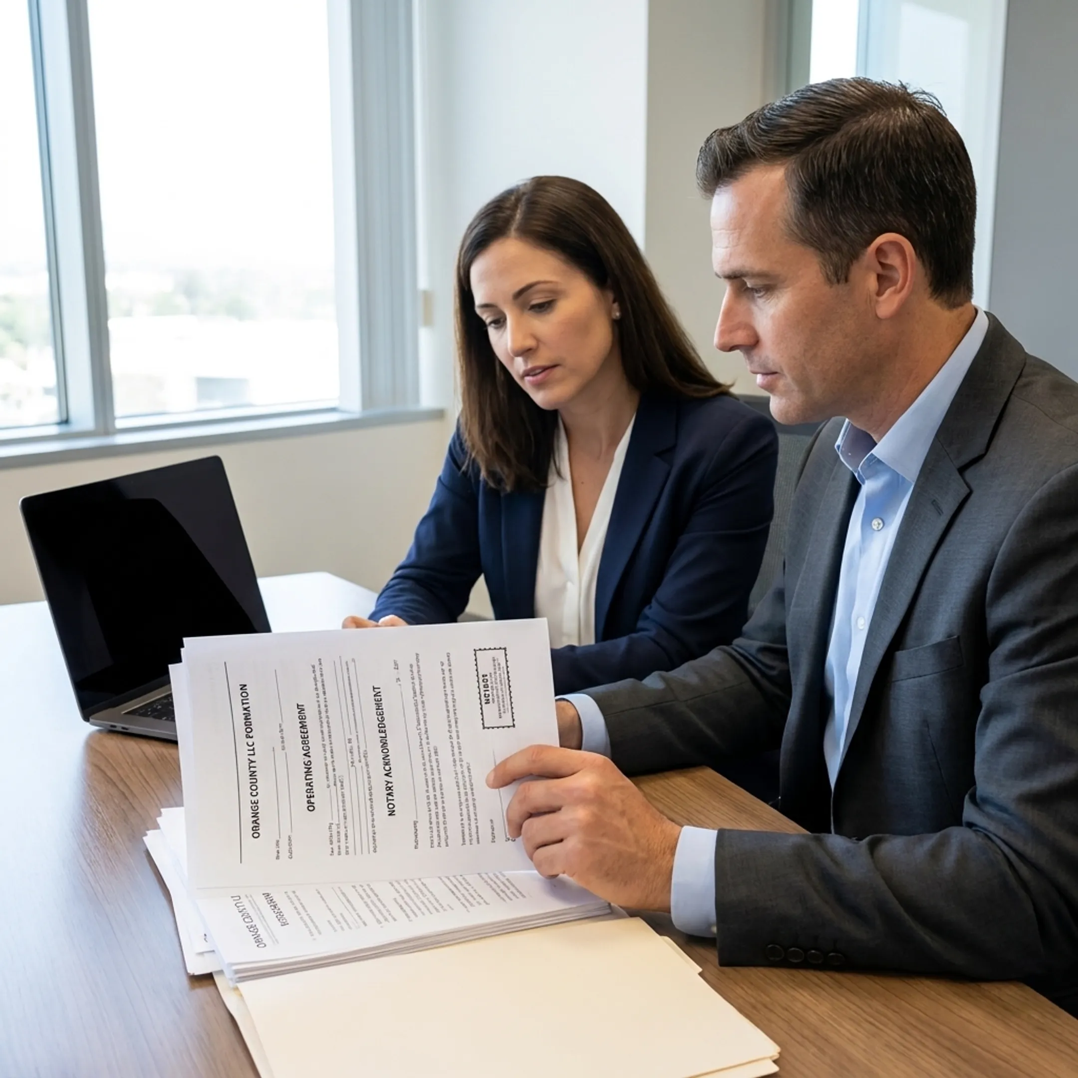 Business owner reviewing LLC formation documents with a professional near Orange County