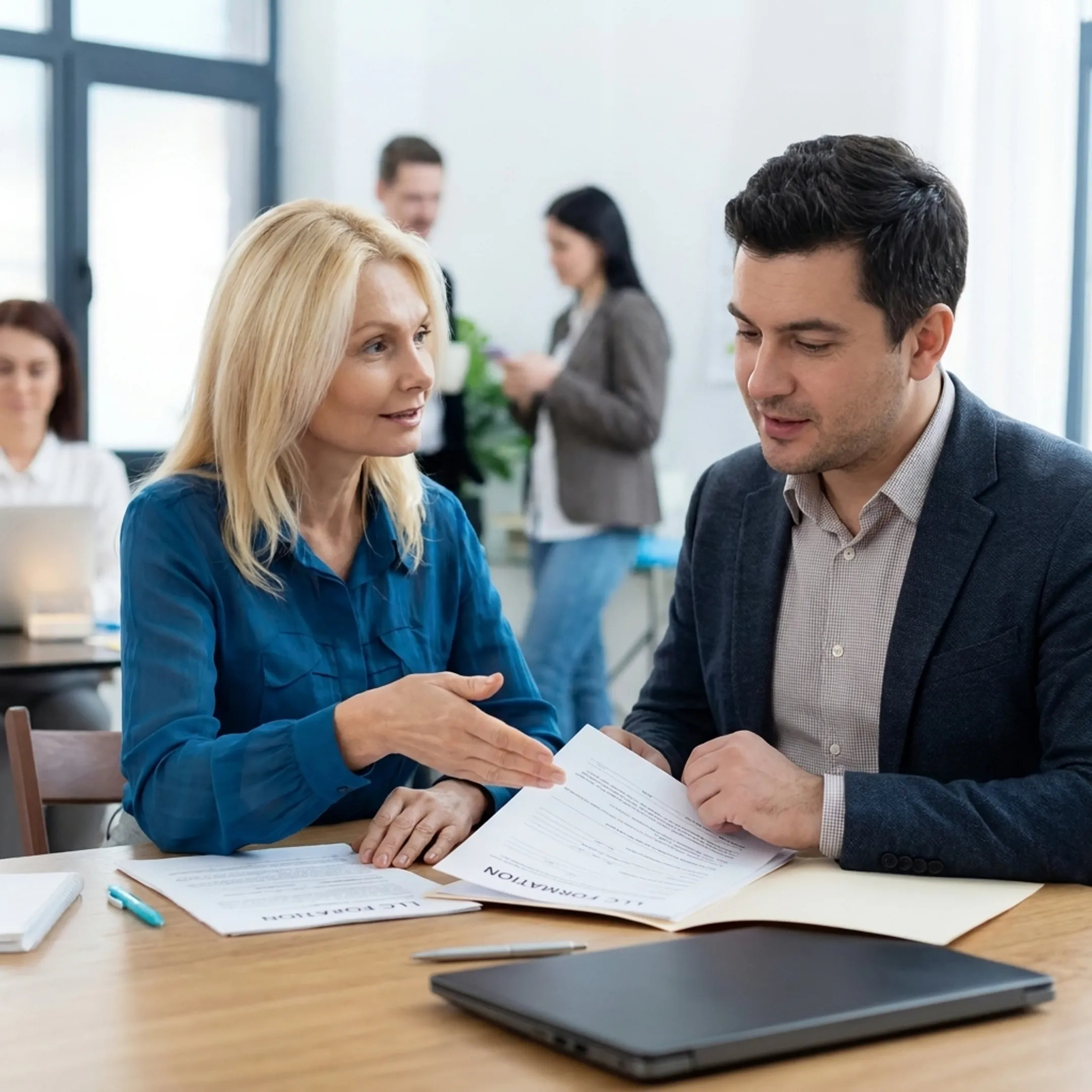 Consultant explaining LLC formation steps to a California entrepreneur