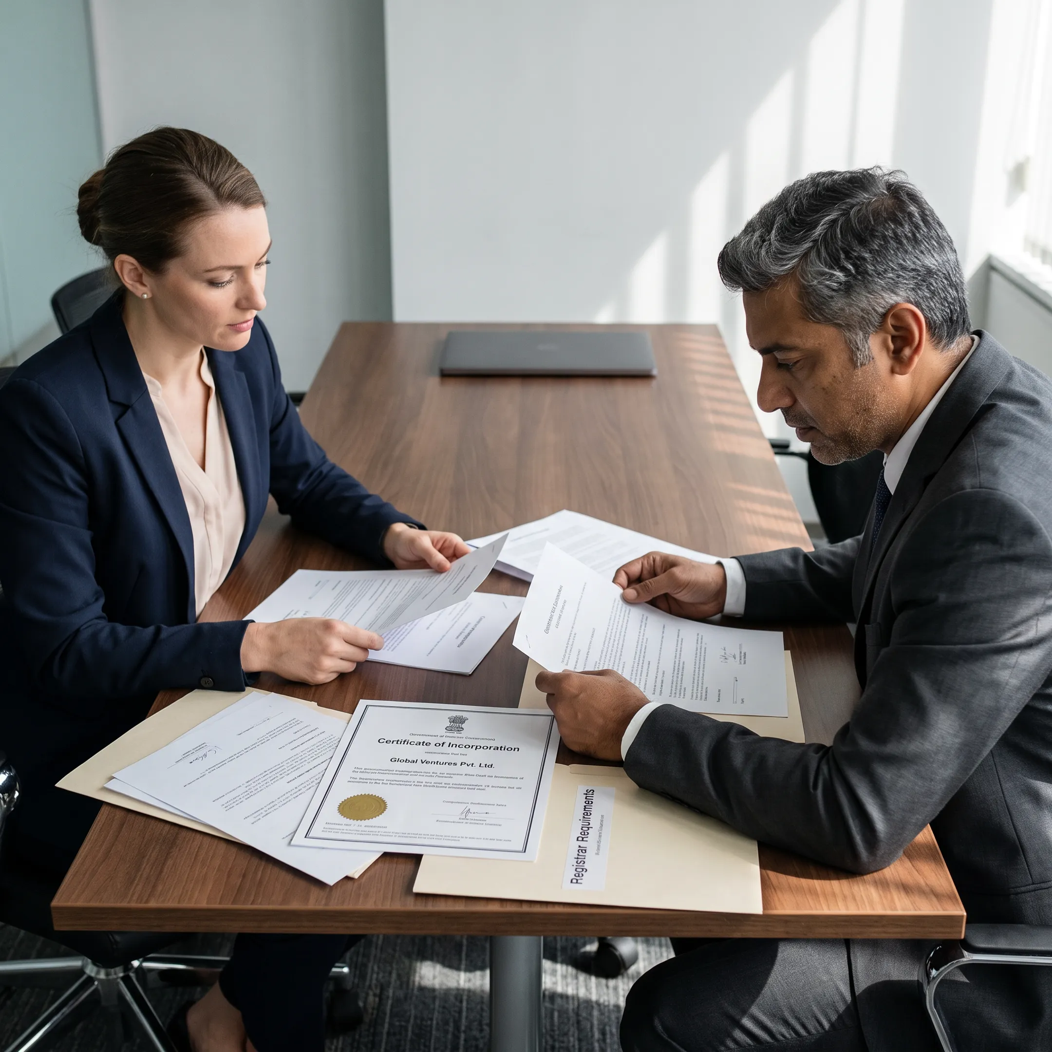 Advisor reviewing company registration documents with a business owner