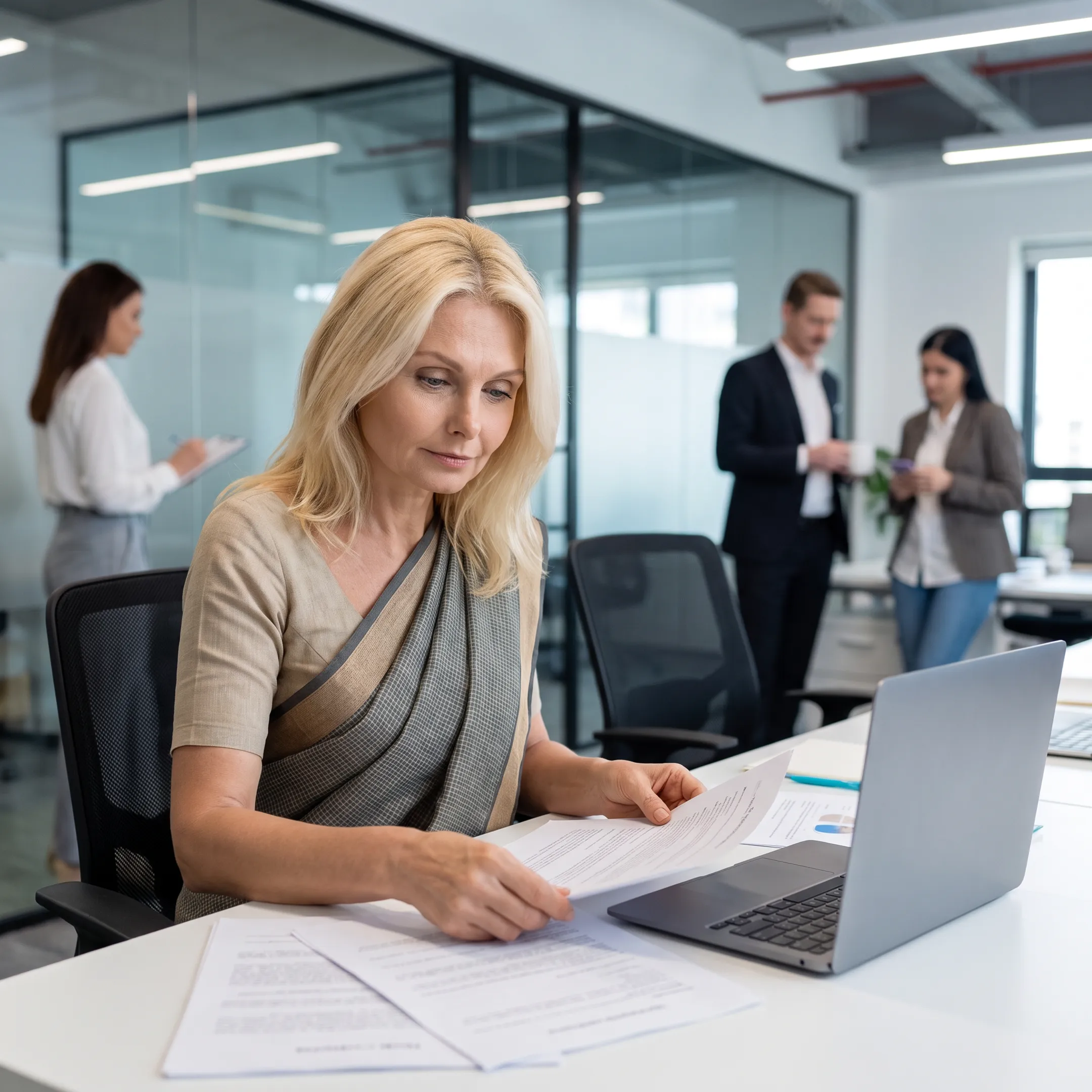 Business professional reviewing company registration documents at a modern Hyderabad office desk