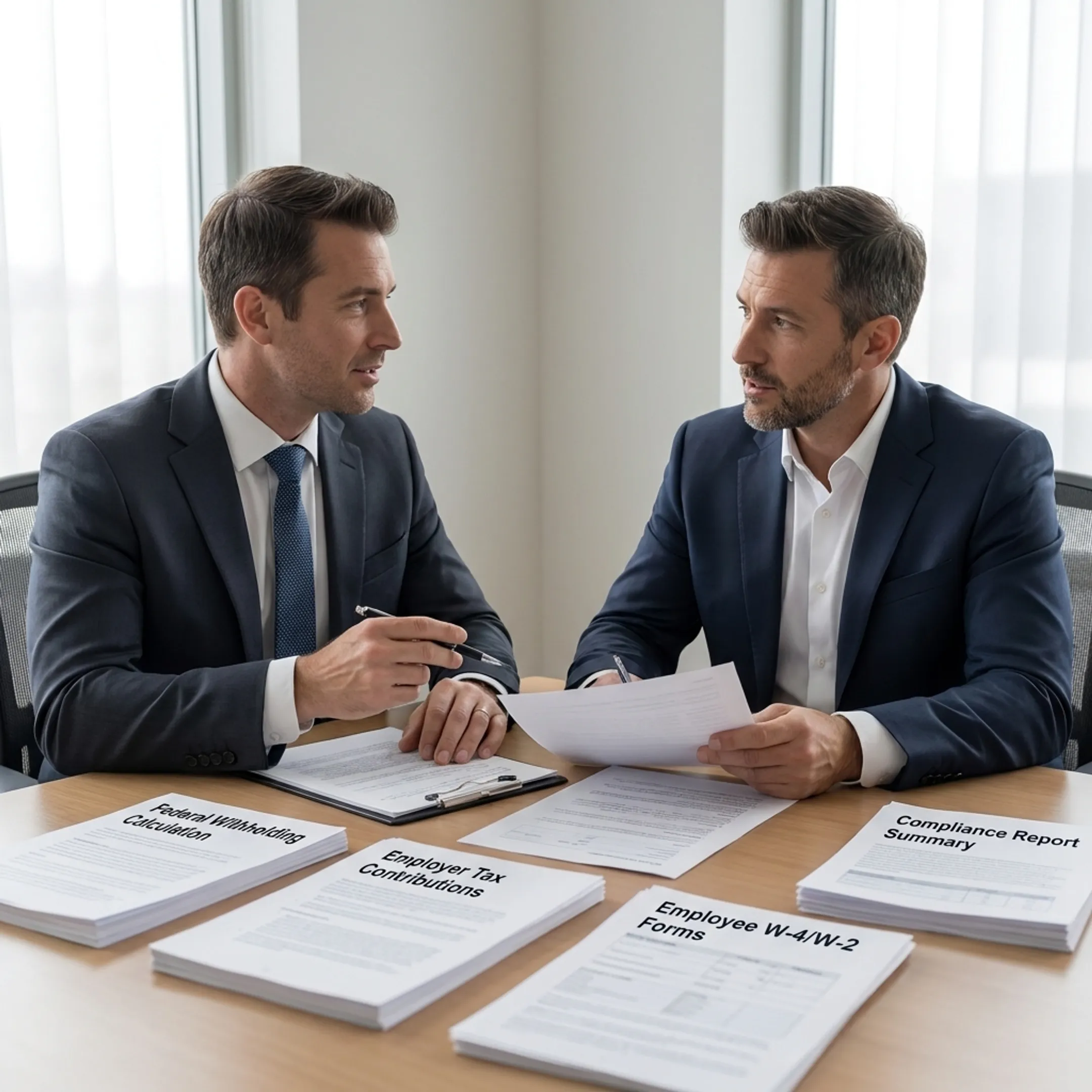 Payroll consultant explaining U.S. tax compliance reports to a business owner