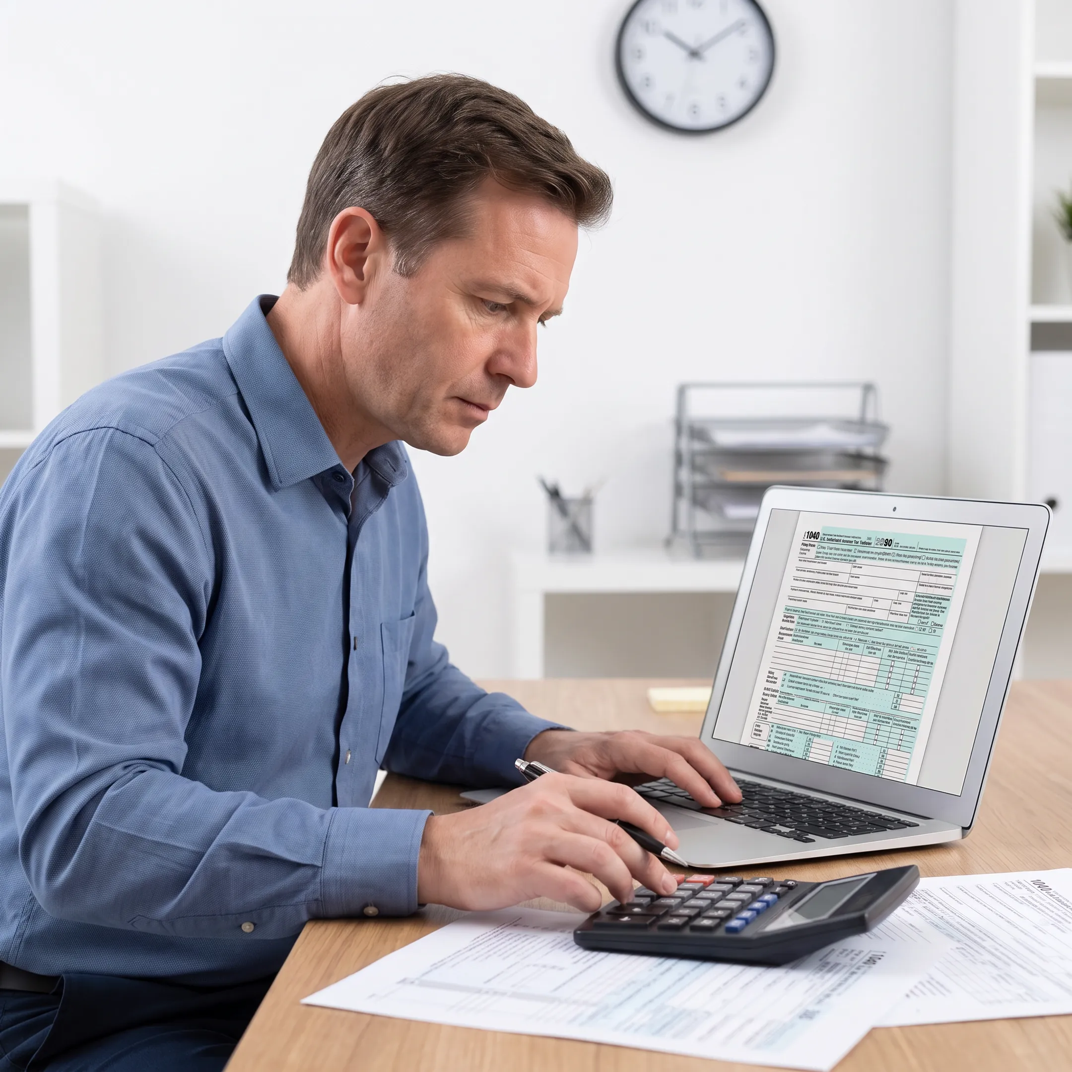 Professional reviewing U.S. payroll tax documents and employee records at a business office