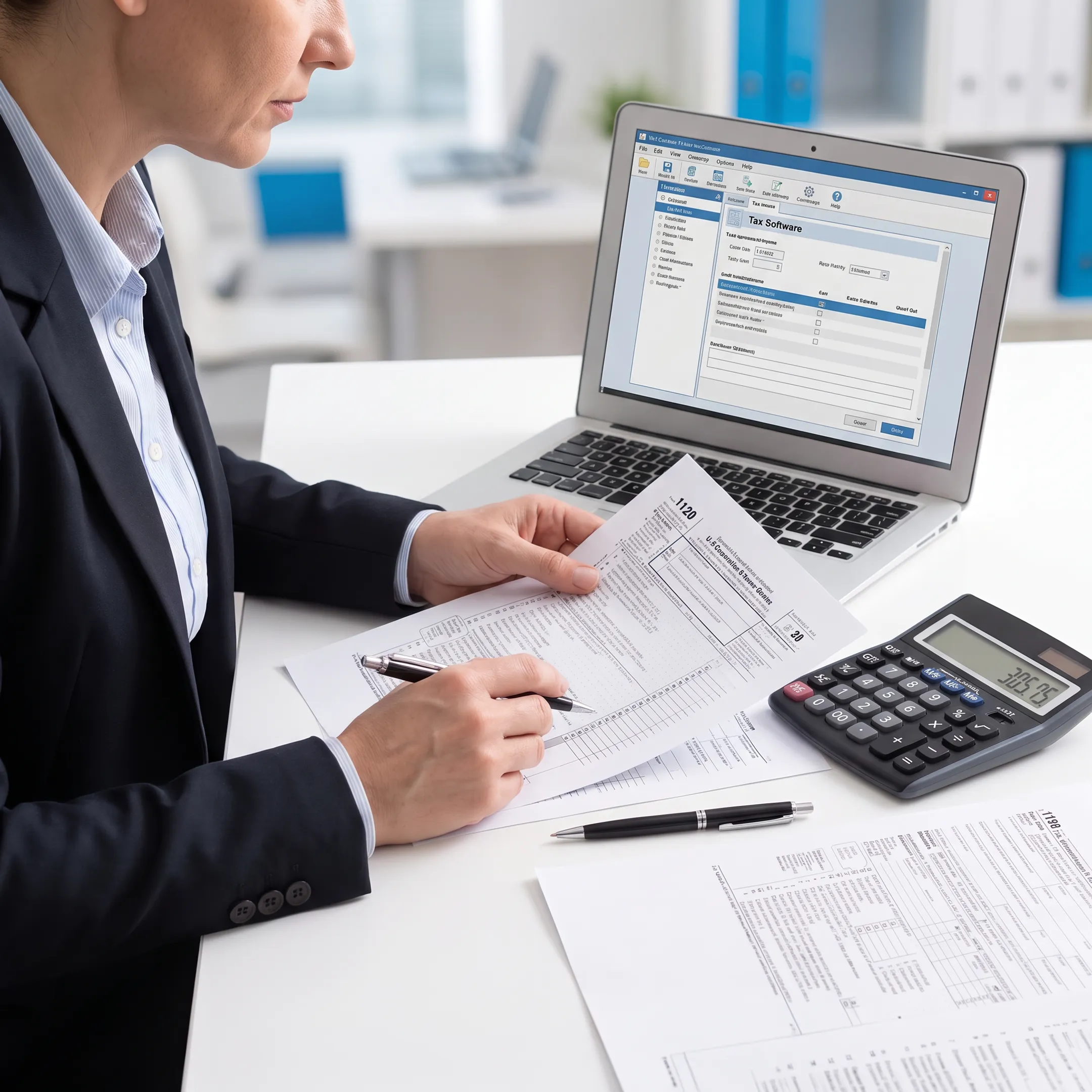 Tax professional preparing Form 1120 documents for a C Corporation