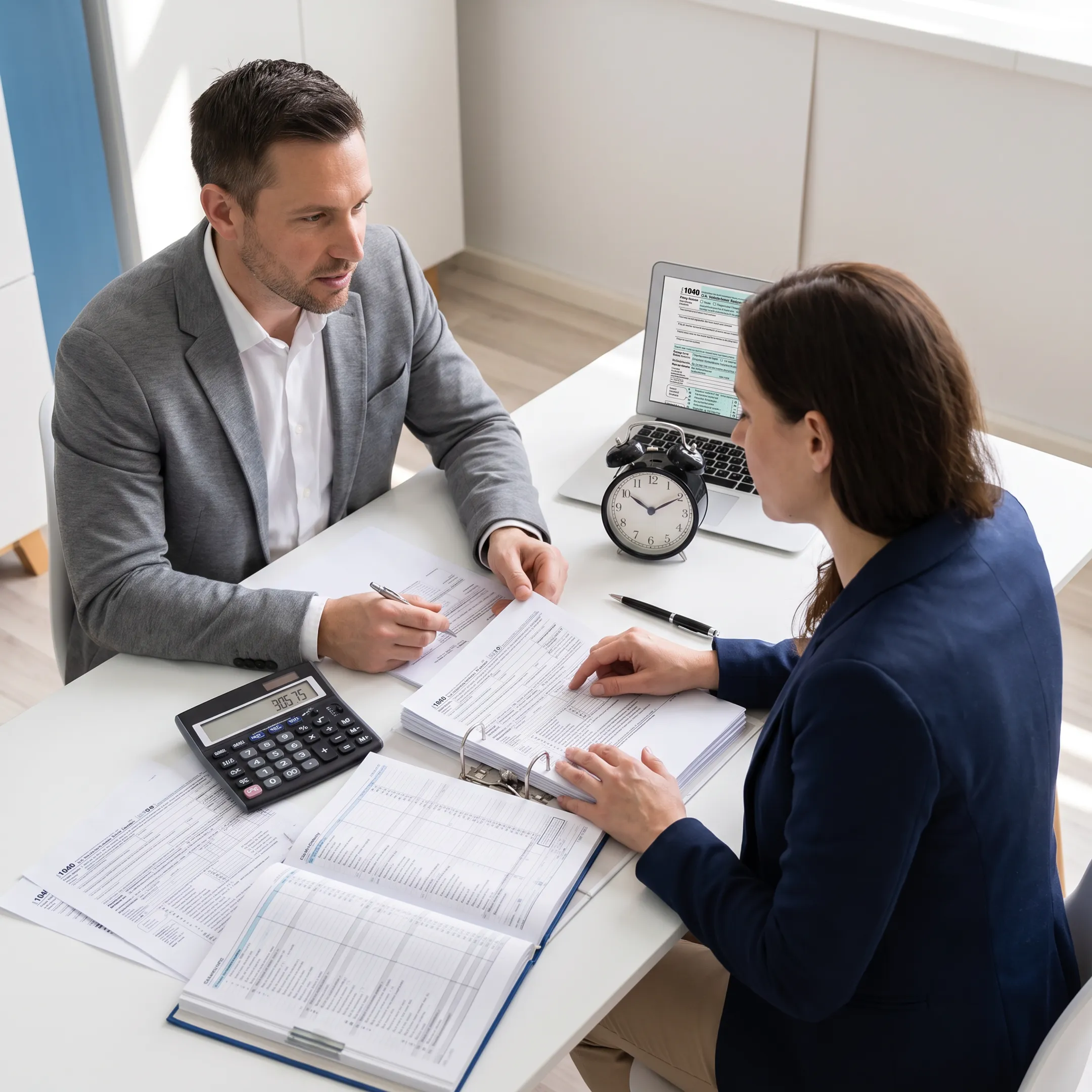 Advisor explaining corporate tax filing details to a business owner