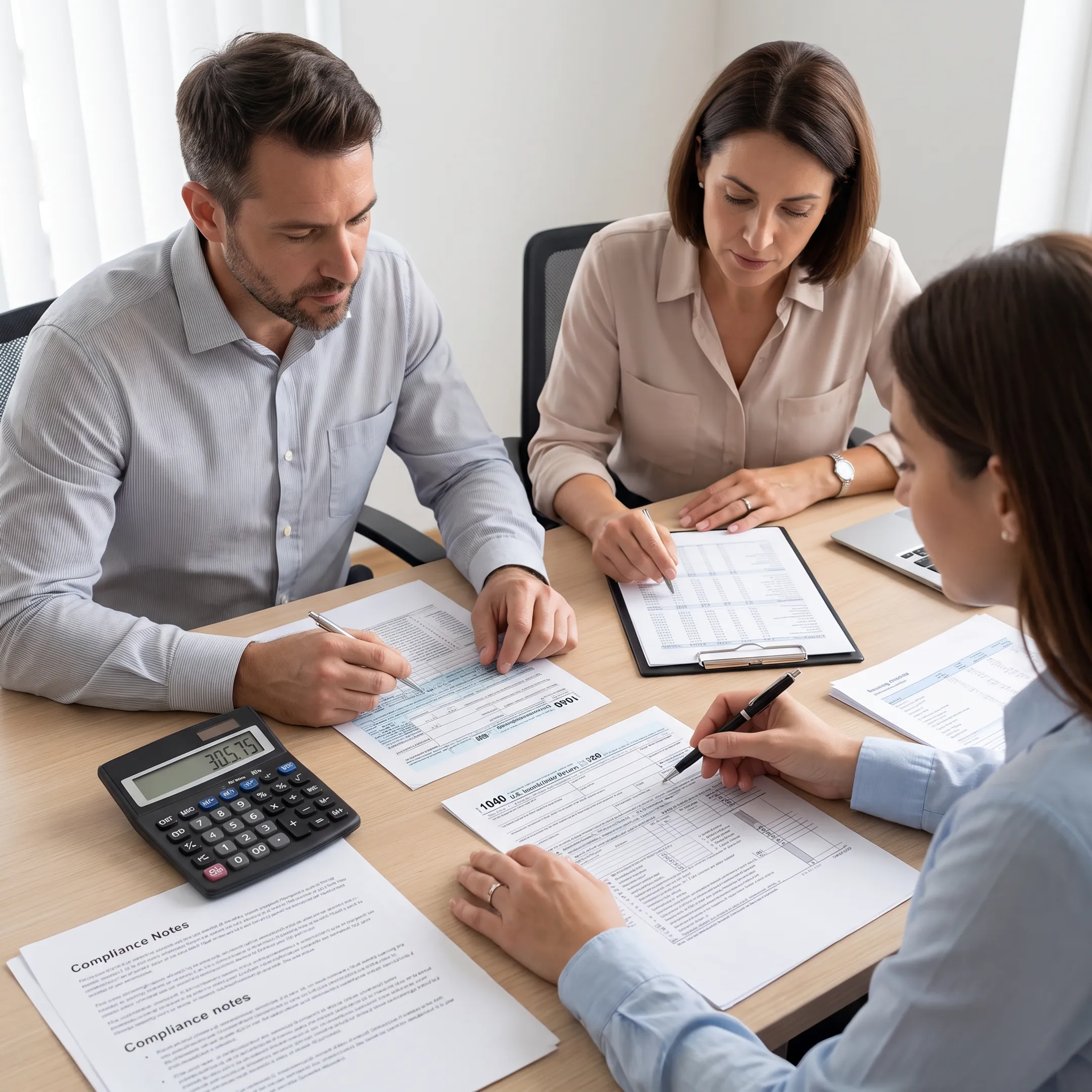 Tax professionals reviewing corporate return documents with a business client