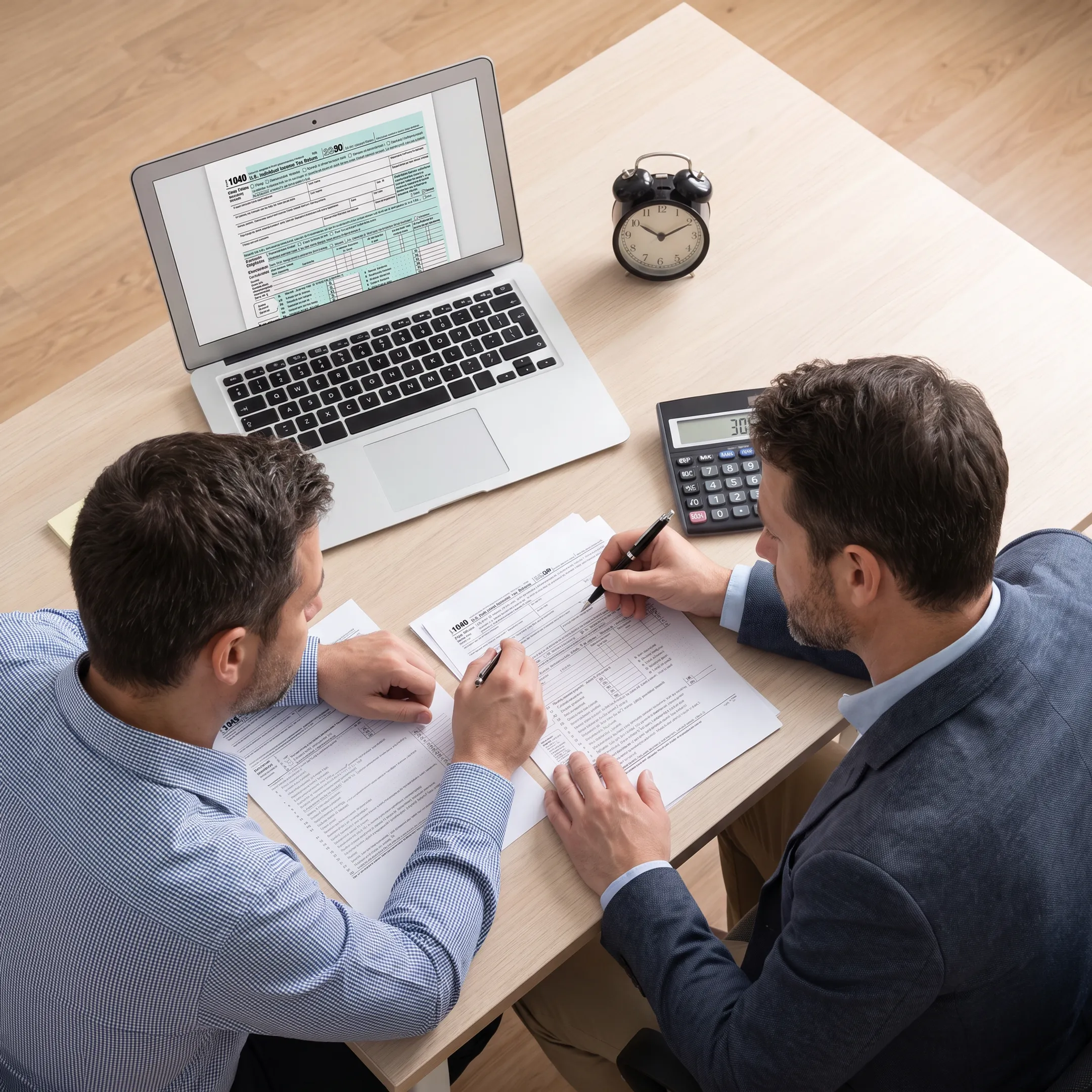 Tax professional reviewing S corporation documents with a Houston business owner