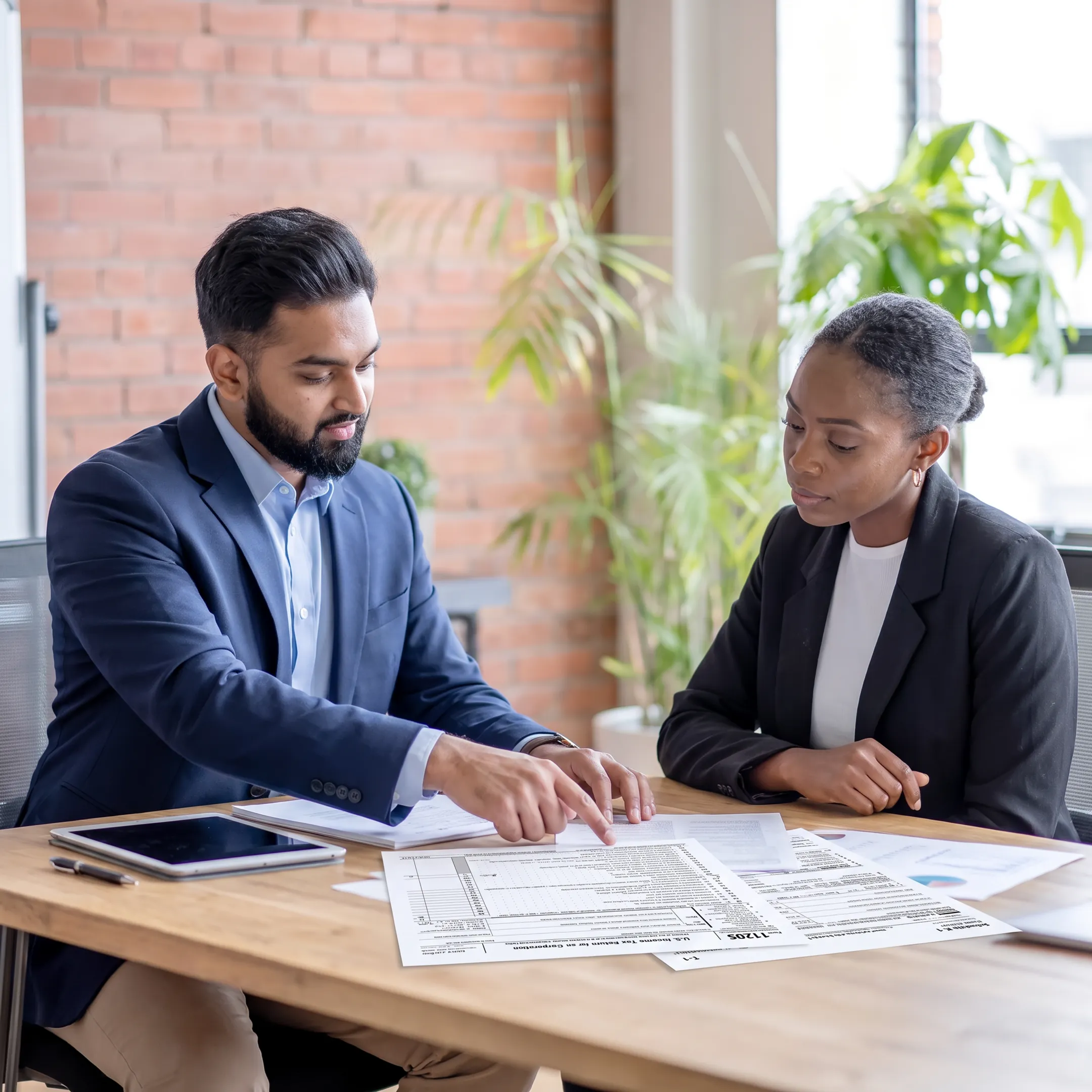 Advisor explaining S corporation tax documents to a business owner