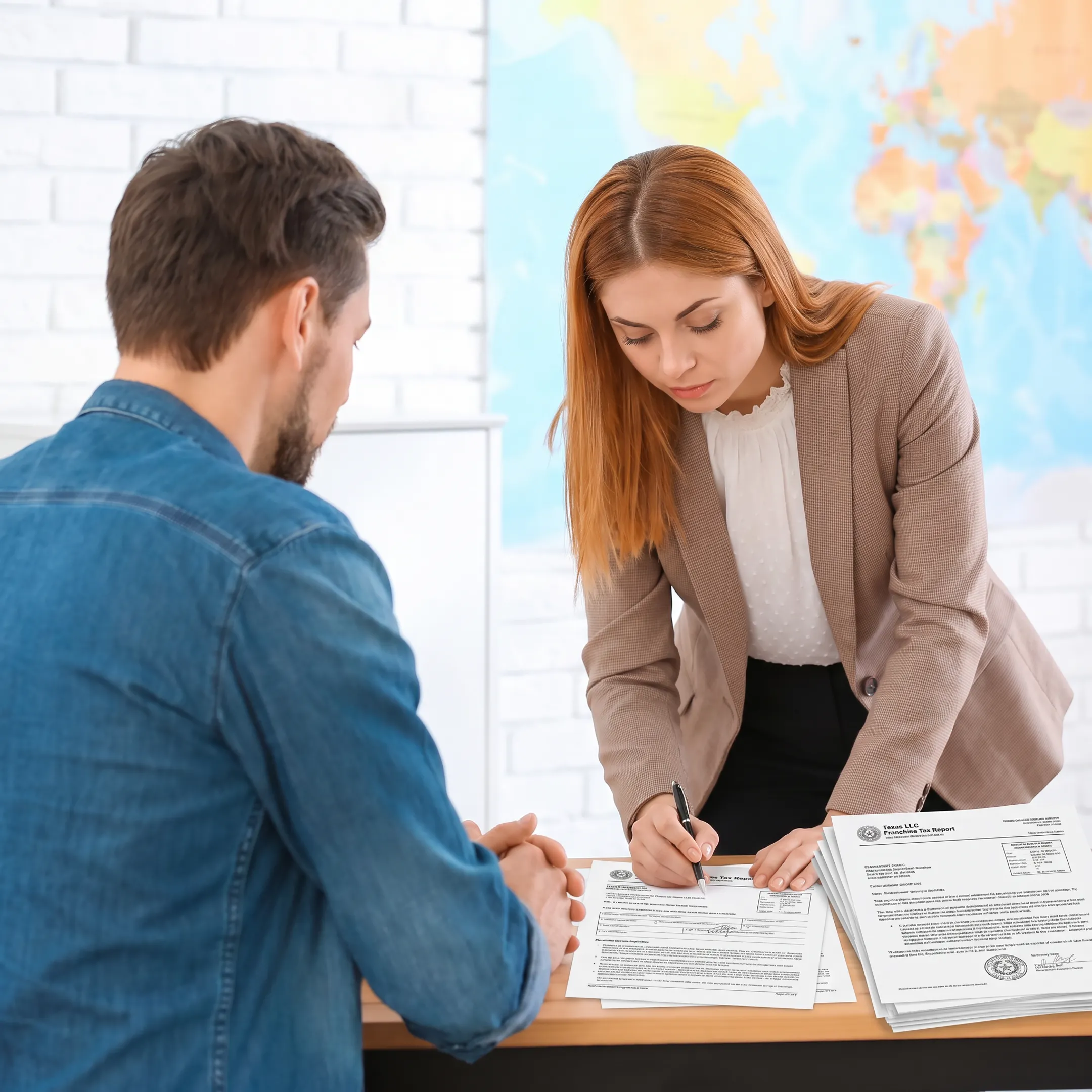 Professional reviewing Texas LLC franchise tax documents