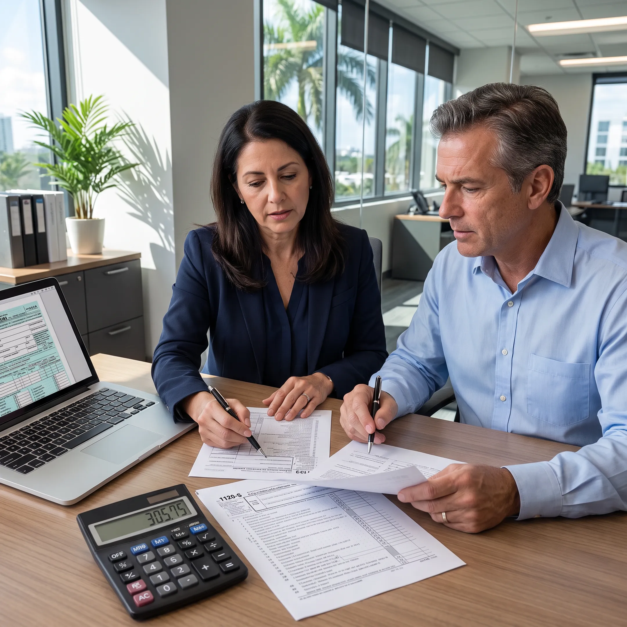 Accountant reviewing S-Corp tax documents with a business owner