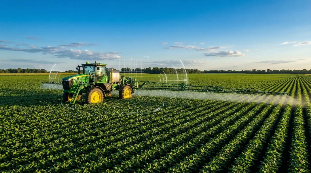 John Deere AI precision agriculture sprayer technology operating in crop field