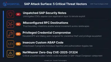 Five critical SAP-specific cybersecurity threat vectors and attack types infographic