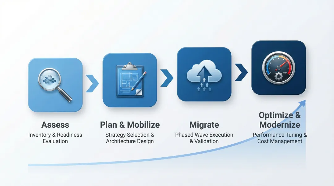 Four-phase cloud migration process flow from assess to optimize infographic