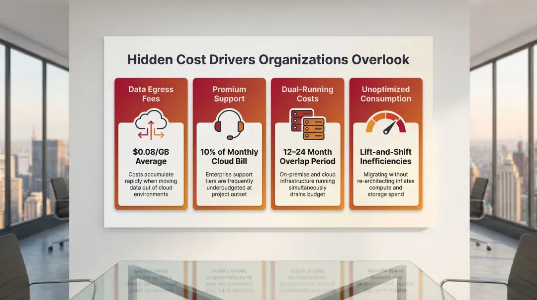 Cloud migration hidden cost drivers breakdown comparison infographic with percentages