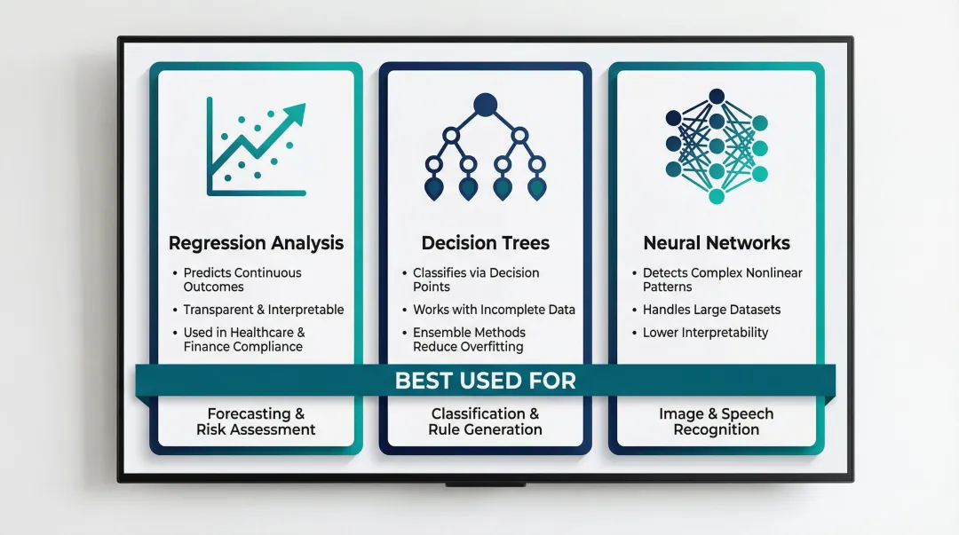 Three core predictive analytics modeling techniques comparison regression decision trees neural networks