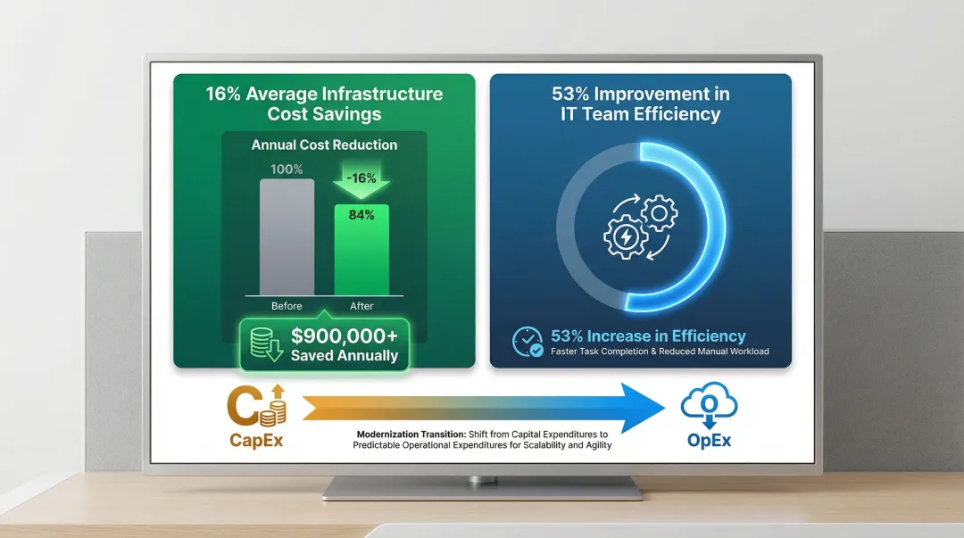 Legacy system modernization cost savings infographic showing infrastructure and efficiency gains