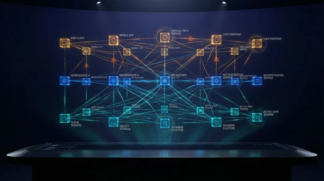 Full-stack application dependency map visualization showing interconnected cloud services and microservices