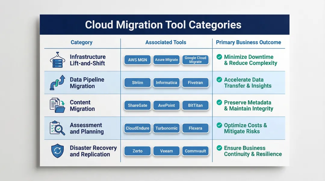 Cloud migration tool categories comparison chart mapping tools to infrastructure data content and DR use cases