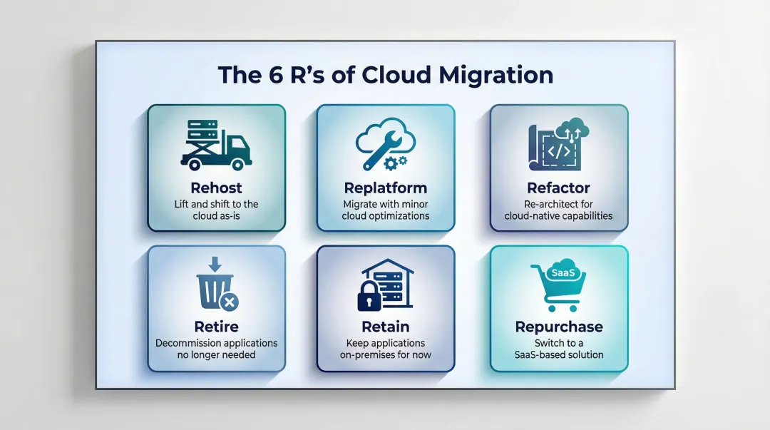 Cloud migration 6 R's framework rehost replatform refactor retire retain repurchase
