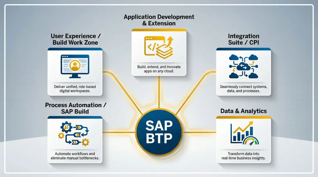 Five core pillars of SAP BTP platform capabilities overview infographic